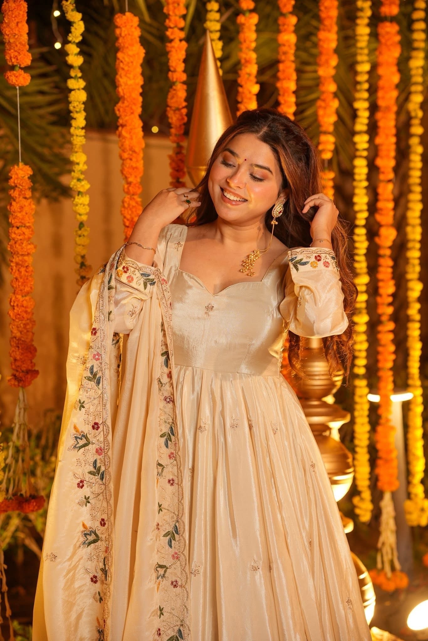 Cream Anarkali Suit Set for Wedding & Festive