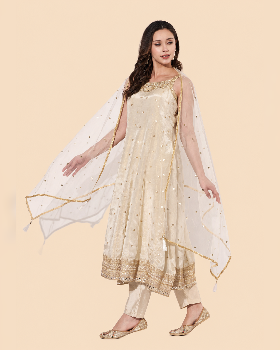 Cream Sequin Embroidered Anarkali Suit Set with Dupatta for Festive