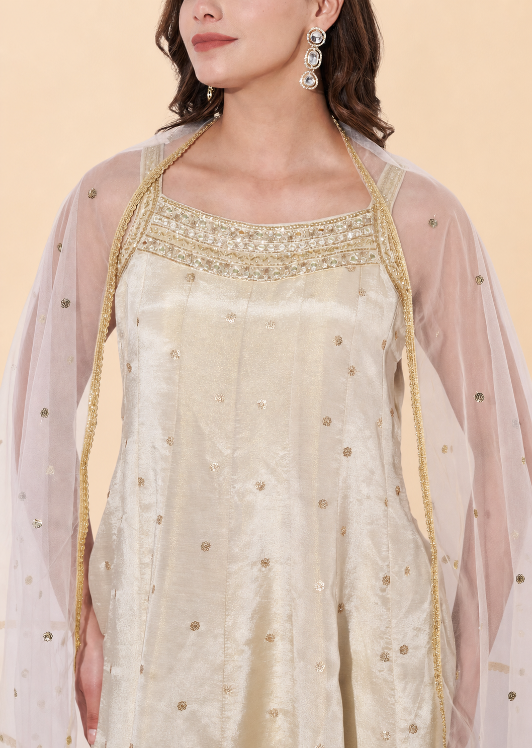 Cream Sequin Embroidered Anarkali Suit Set with Dupatta for Festive