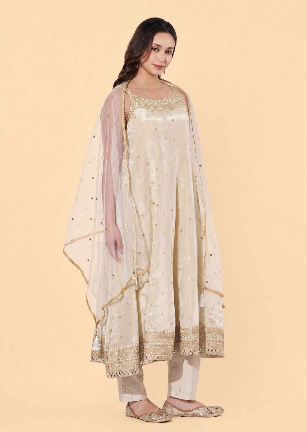 Cream Sequin Embroidered Anarkali Suit Set with Dupatta for Festive