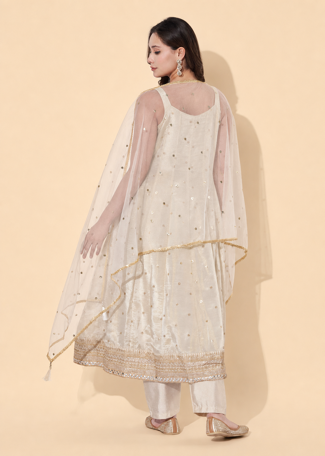 Cream Sequin Embroidered Anarkali Suit Set with Dupatta for Festive