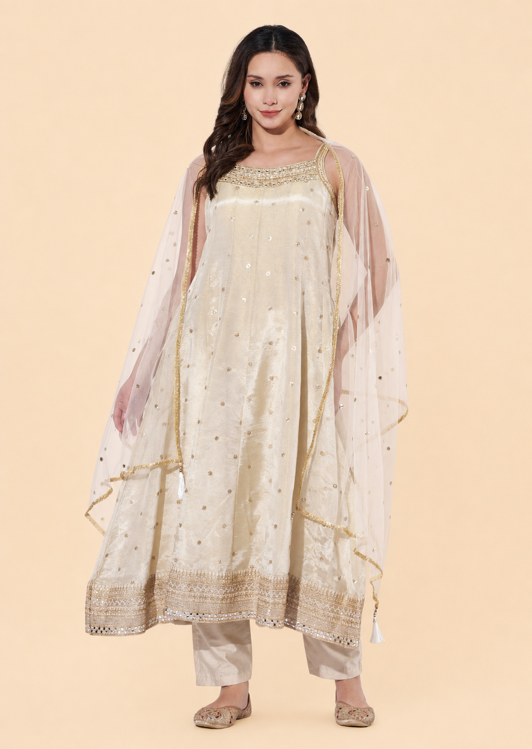 Cream Sequin Embroidered Anarkali Suit Set with Dupatta for Festive