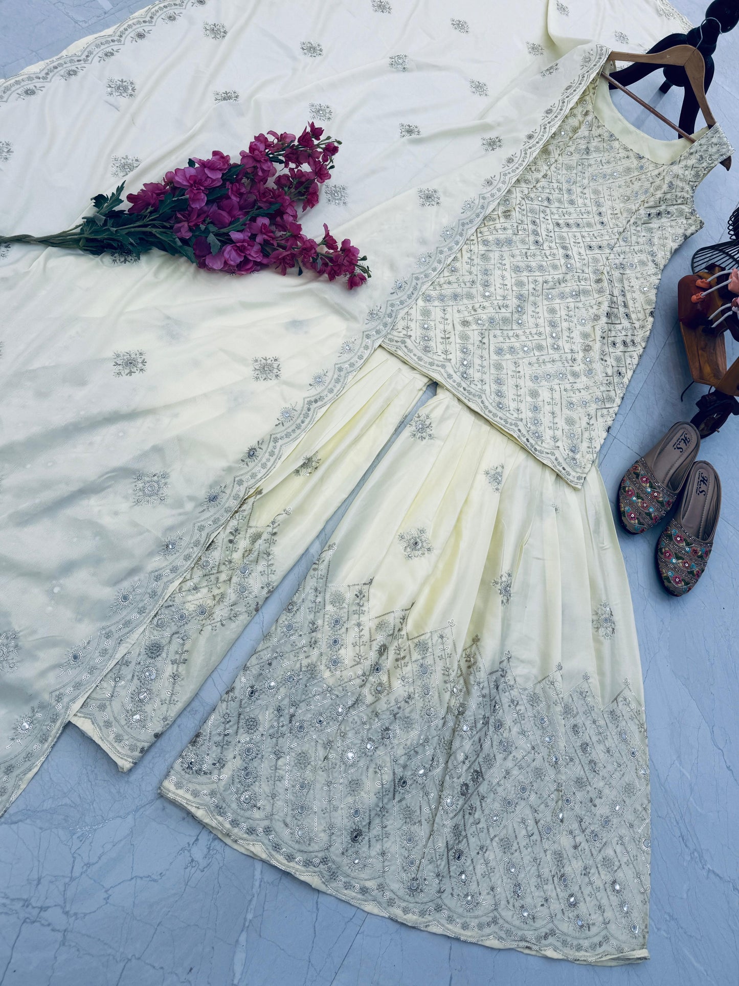 Admiring White Natural Crap Embroidery Sequence Work Sharara Suit With Dupatta