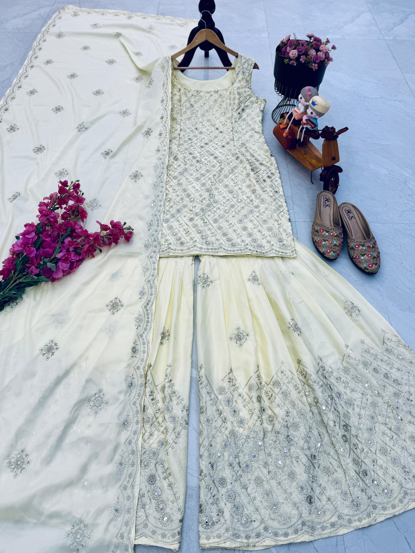 Admiring White Natural Crap Embroidery Sequence Work Sharara Suit With Dupatta