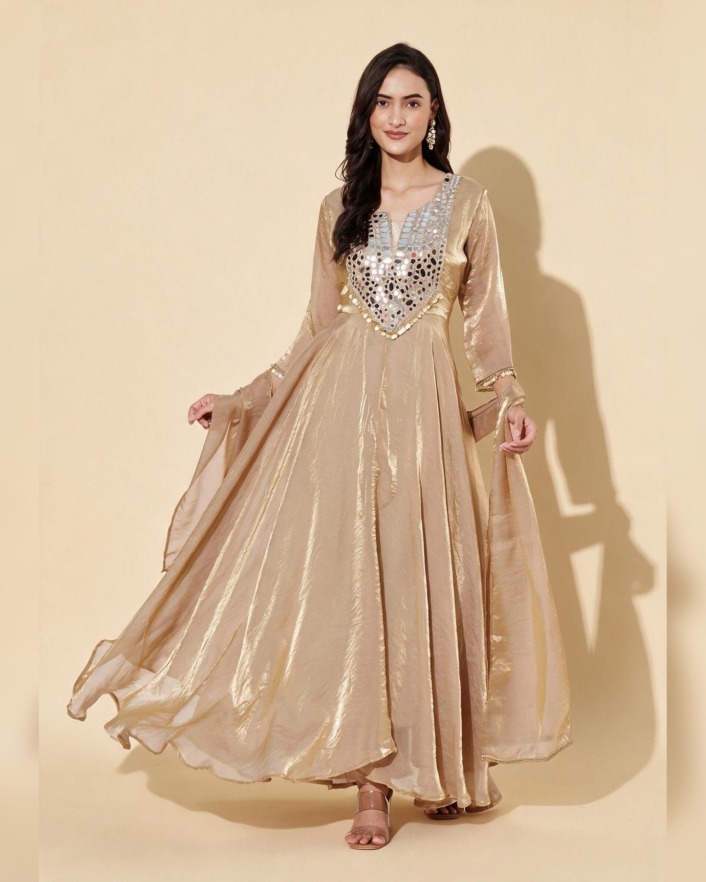 Gold Mirror Work Flared Anarkali Suit Set for Wedding