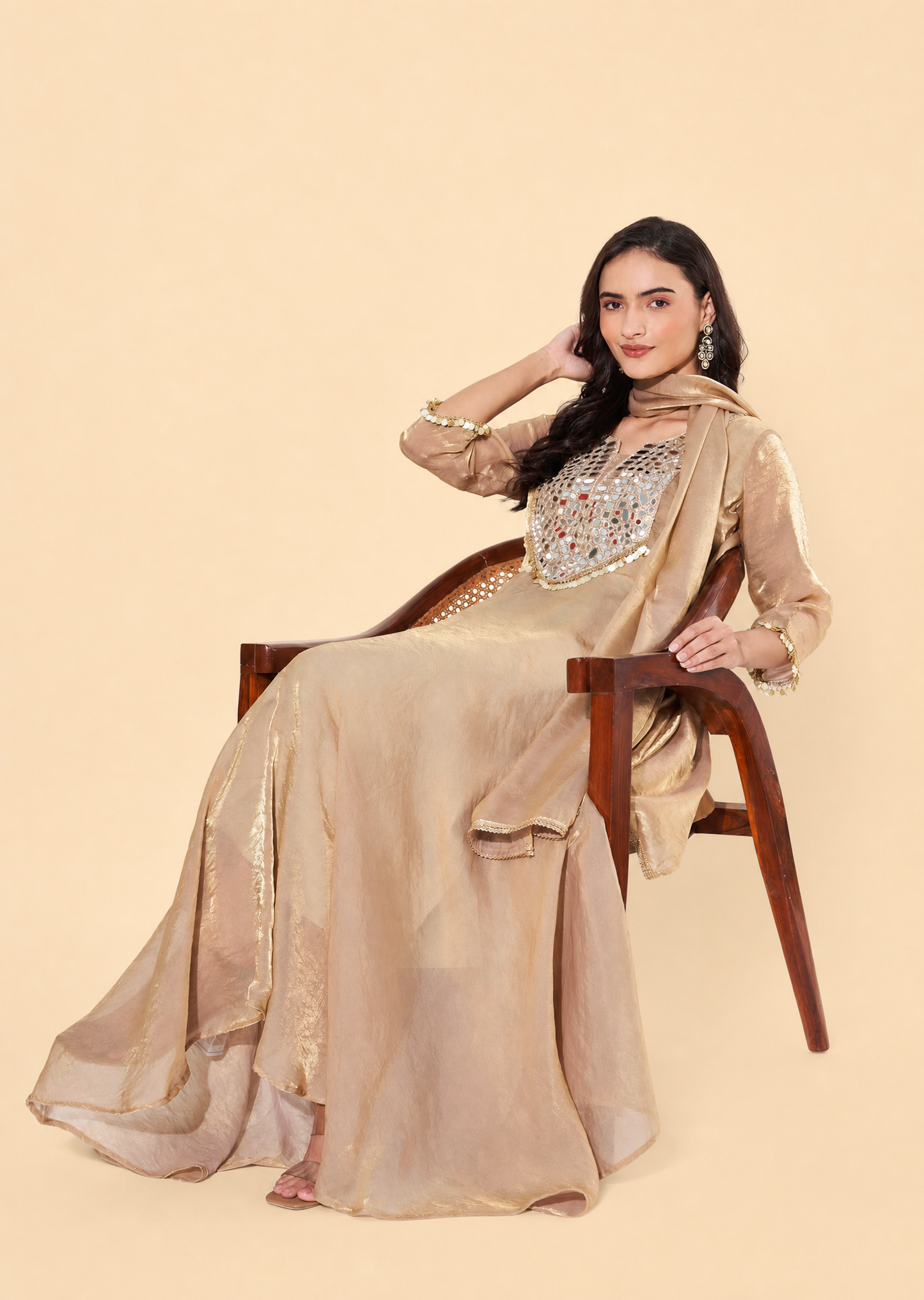 Gold Mirror Work Flared Anarkali Suit Set for Wedding