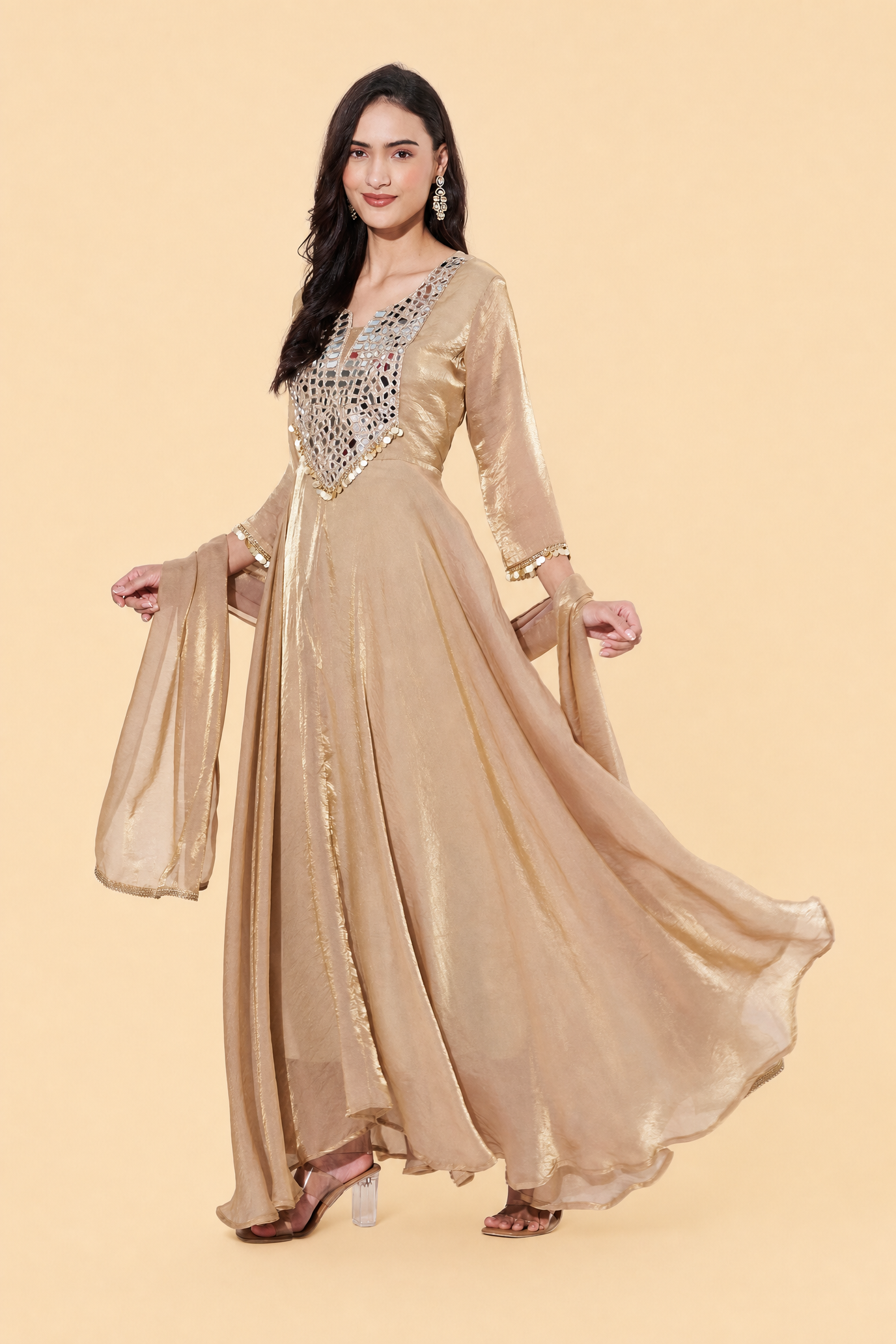 Gold Mirror Work Flared Anarkali Suit Set for Wedding