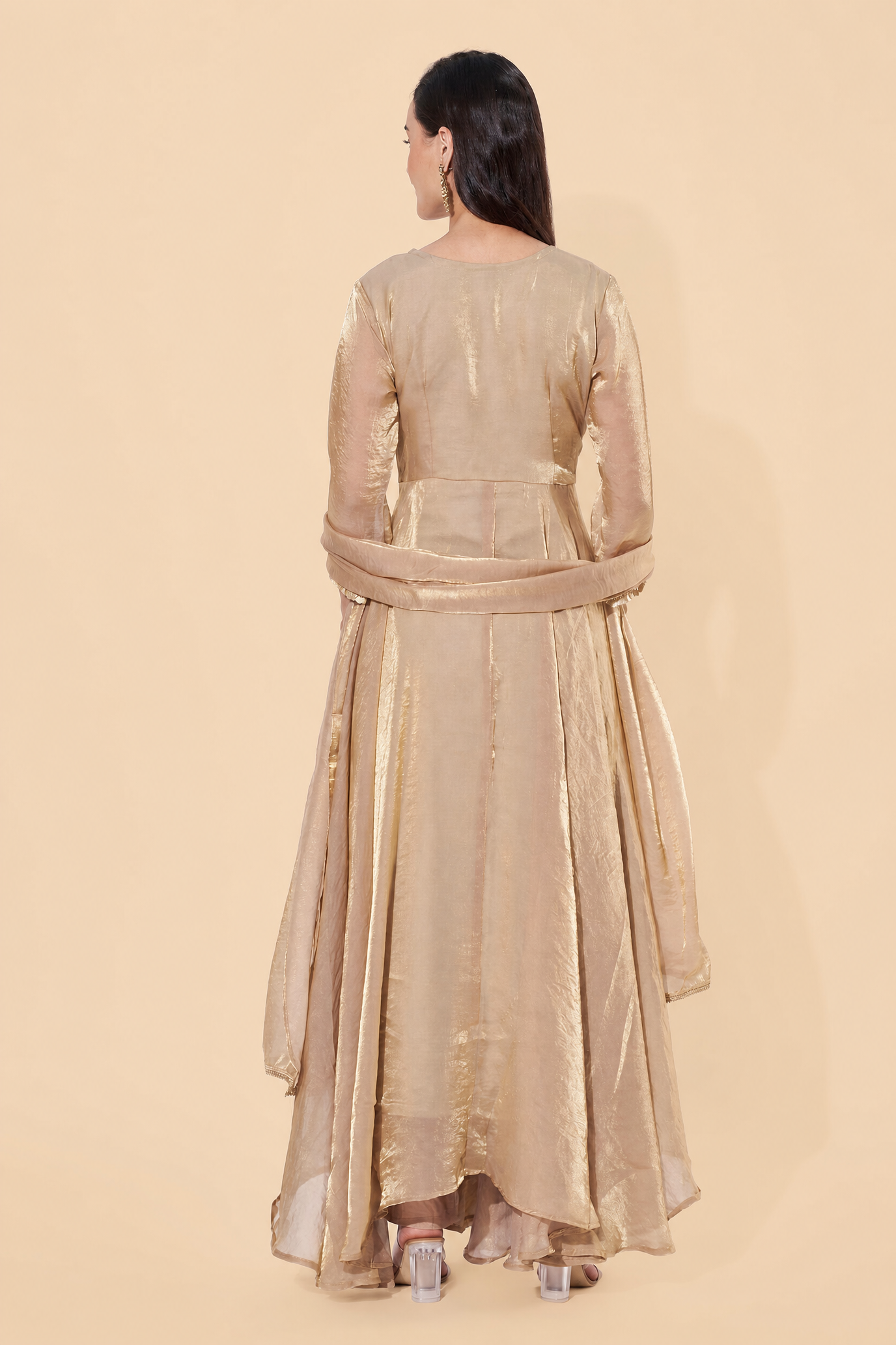 Gold Mirror Work Flared Anarkali Suit Set for Wedding