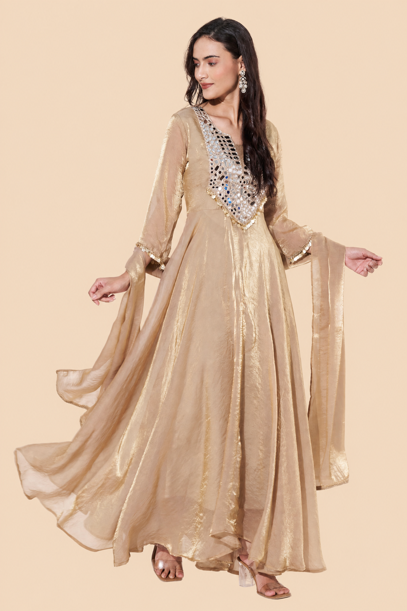 Gold Mirror Work Flared Anarkali Suit Set for Wedding