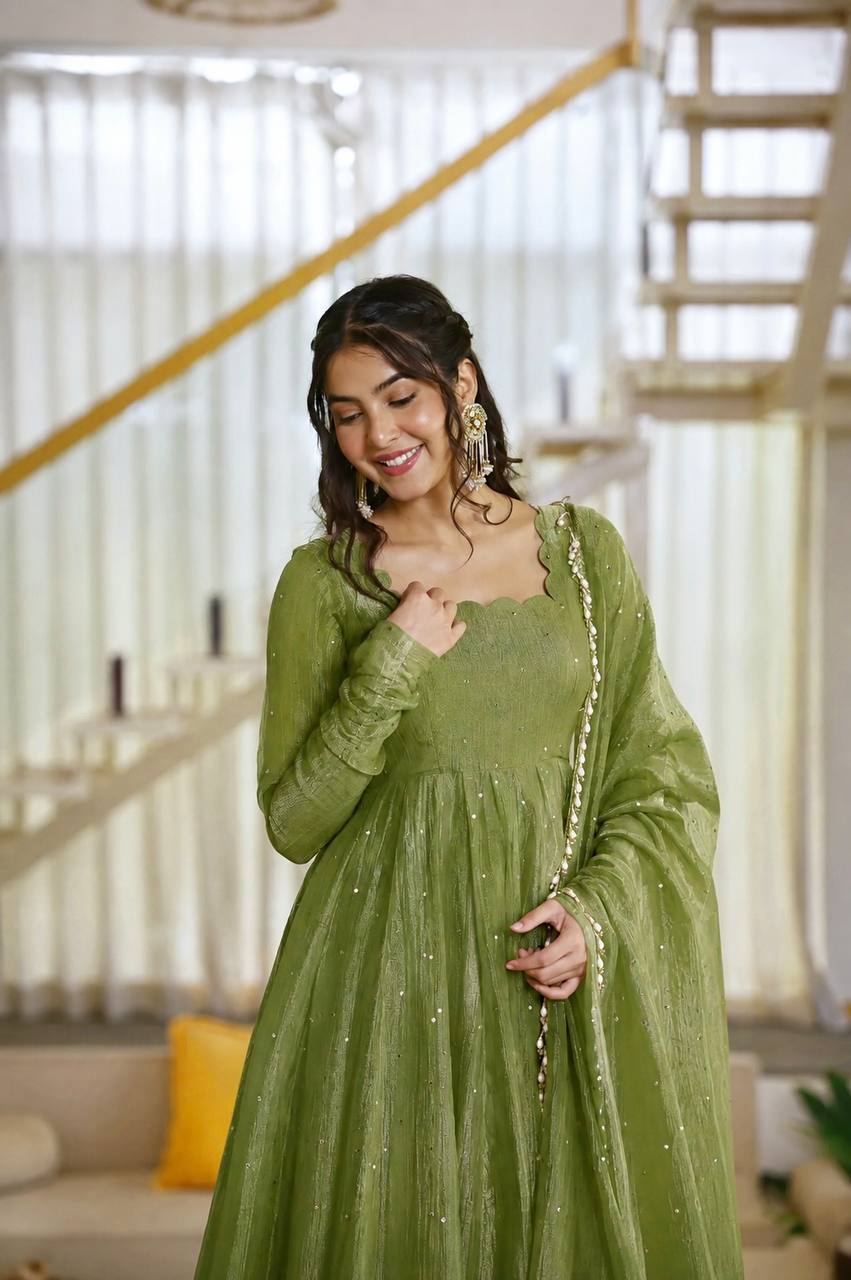 Olive Green Sequin Anarkali Suit with Dupatta for Mehendi