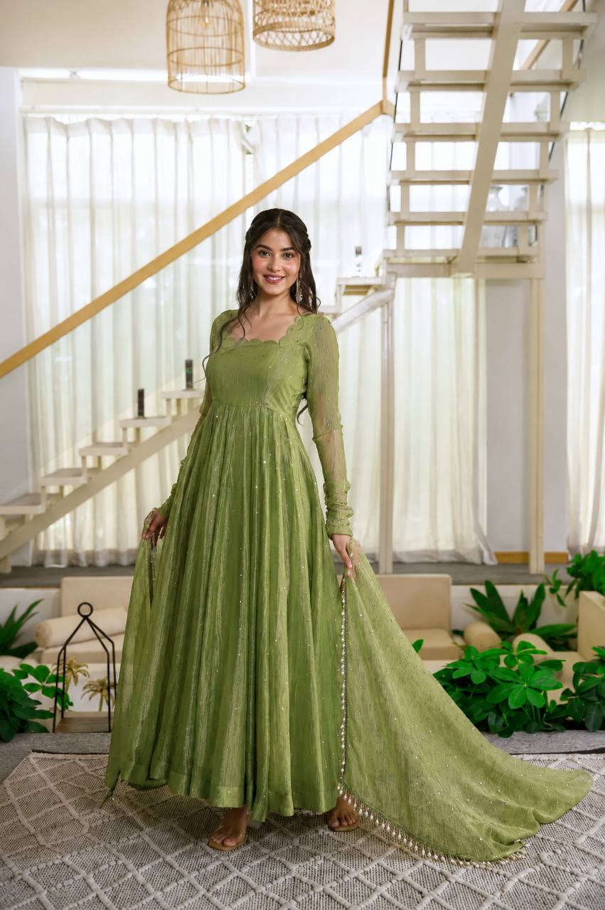 Olive Green Sequin Anarkali Suit with Dupatta for Mehendi