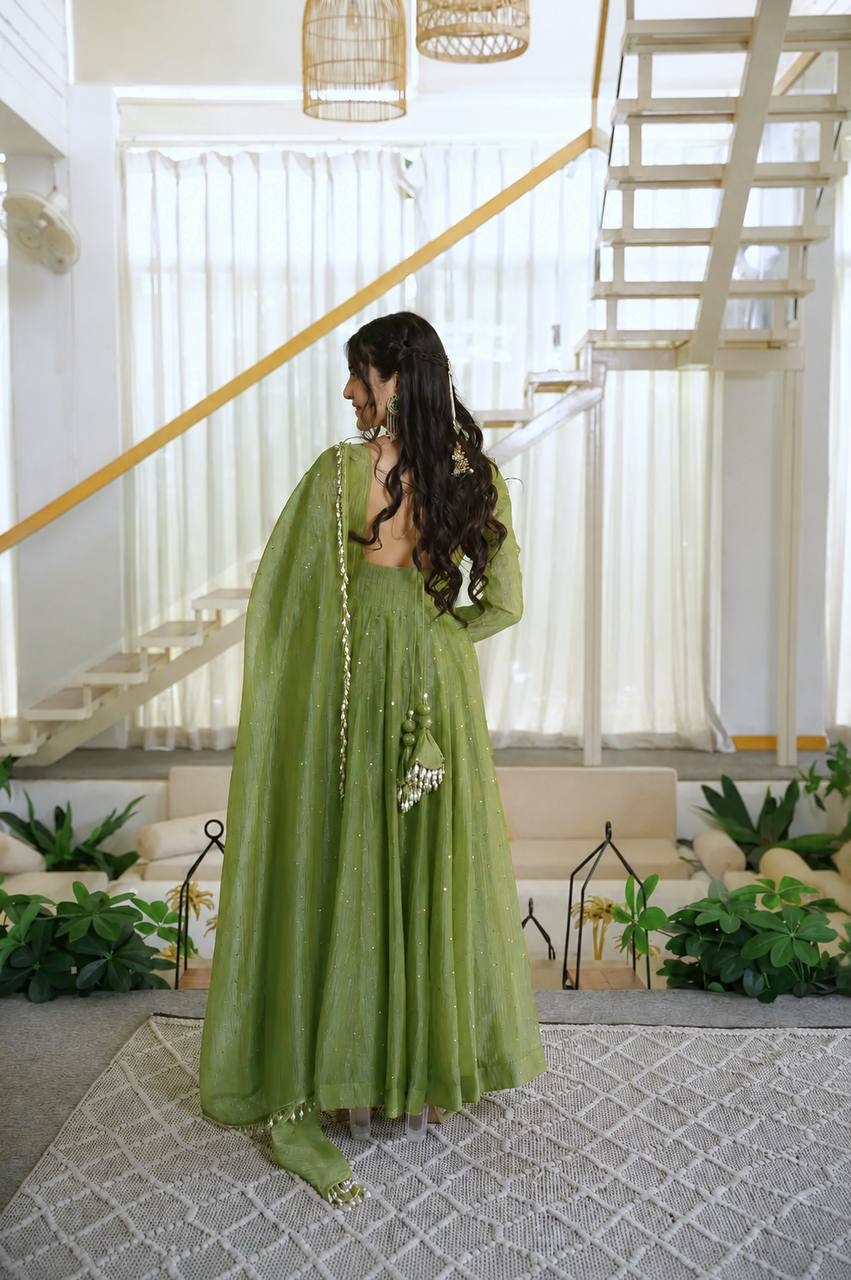Olive Green Sequin Anarkali Suit with Dupatta for Mehendi