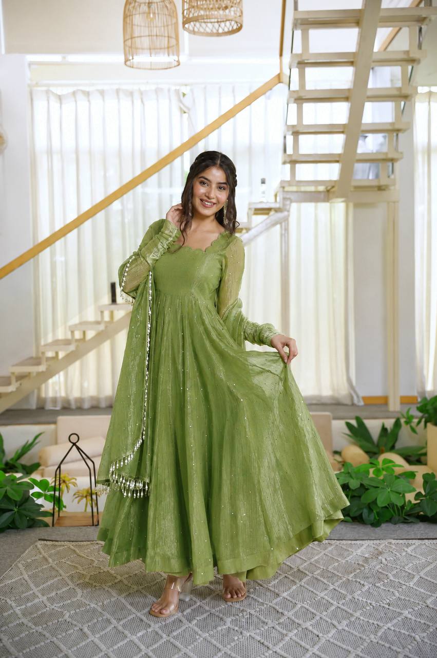 Olive Green Sequin Anarkali Suit with Dupatta for Mehendi