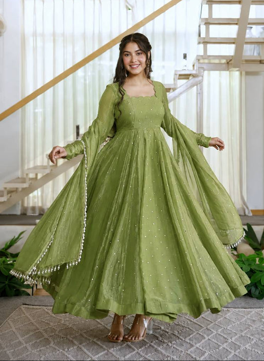 Olive Green Sequin Anarkali Suit with Dupatta for Mehendi