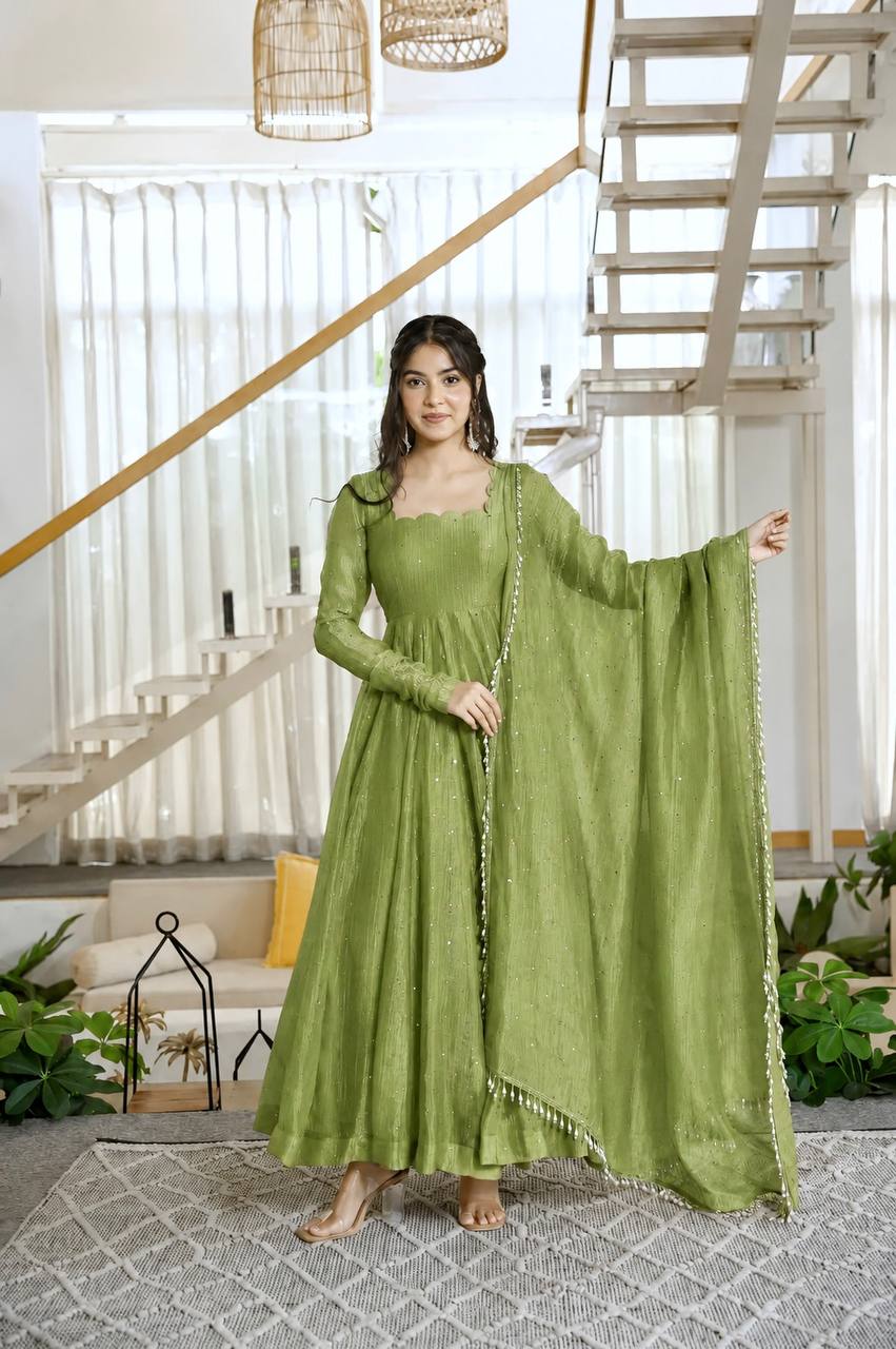 Olive Green Sequin Anarkali Suit with Dupatta for Mehendi