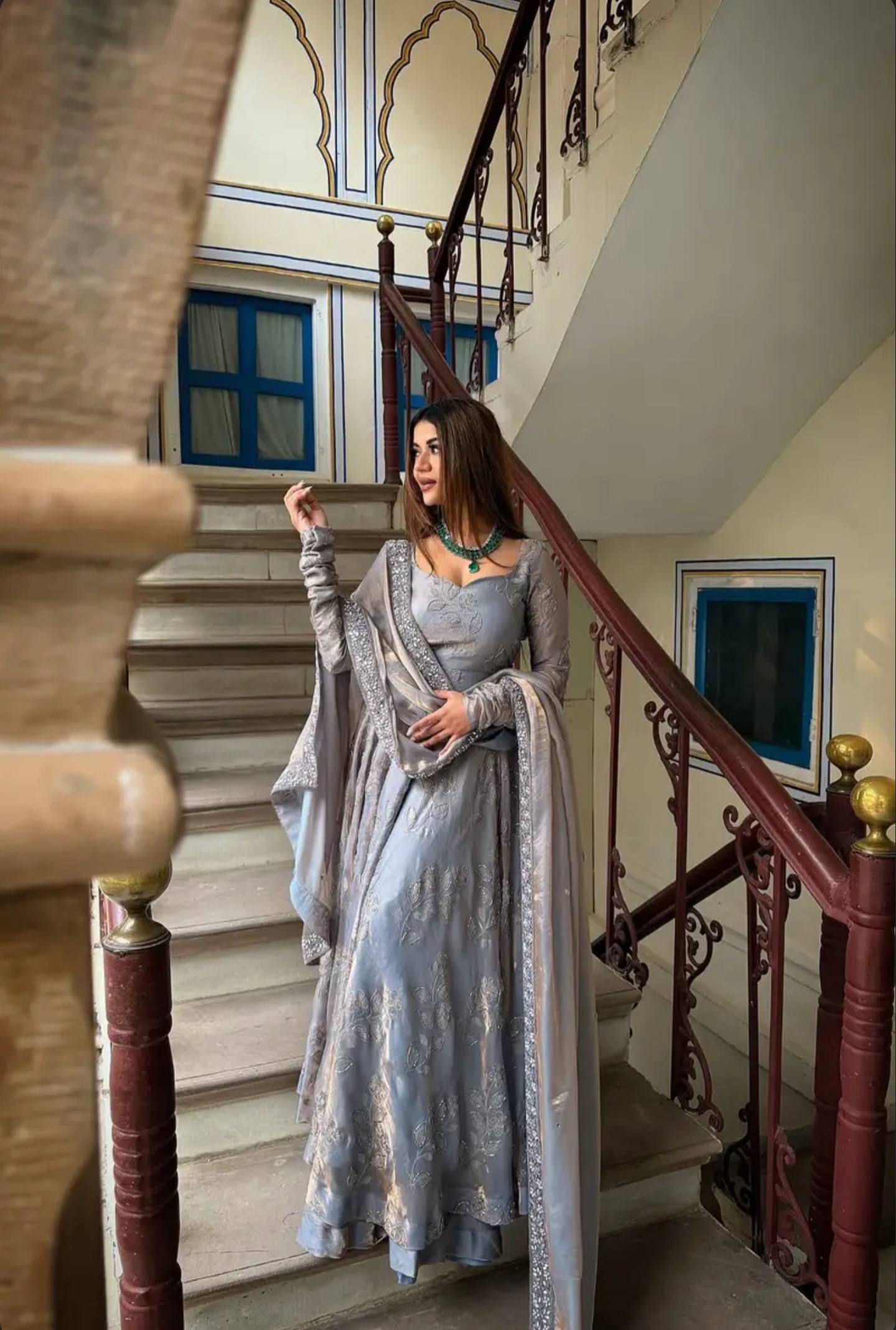 Grey Anarkali Suit Set with Dupatta for Wedding & Festive Wear