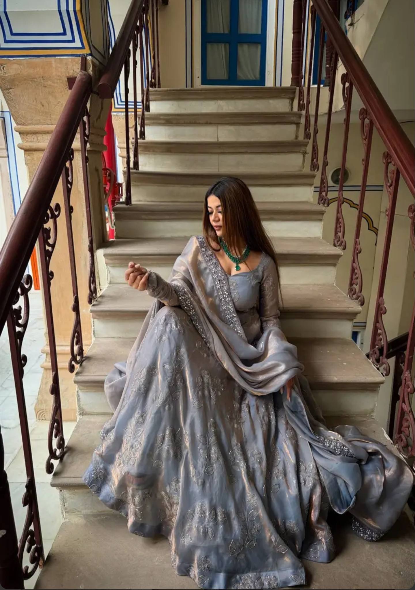 Grey Anarkali Suit Set with Dupatta for Wedding & Festive Wear