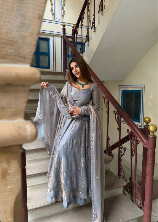 Grey Anarkali Suit Set with Dupatta for Wedding & Festive Wear