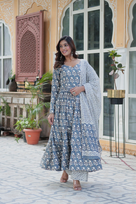 grey cotton kurta sets with dupatta 