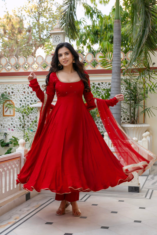 Karwa Chauth Special Red Flared Anarkali Suit with Gold Trim Dupatta