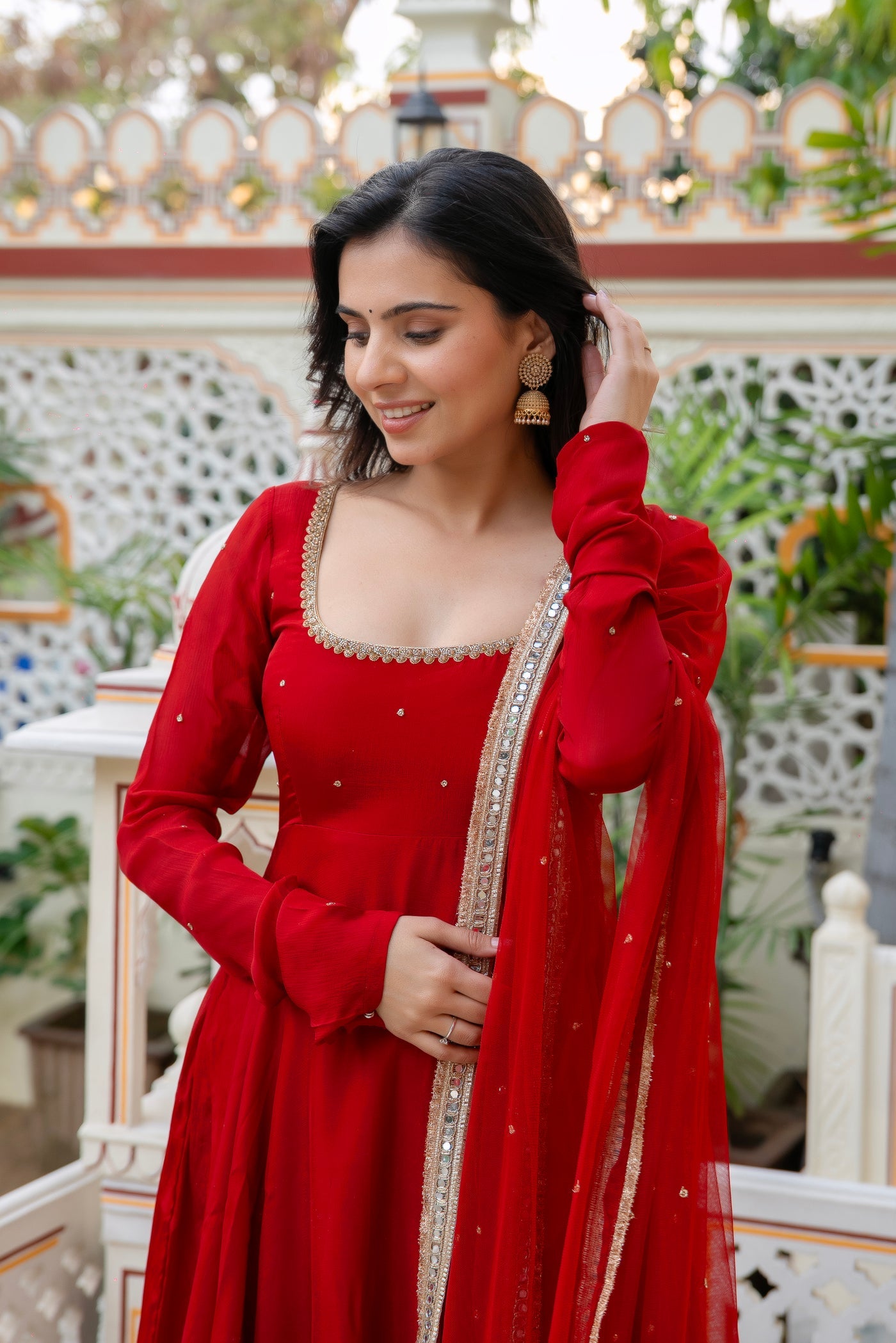 Karwa Chauth Special Red Flared Anarkali Suit with Gold Trim Dupatta