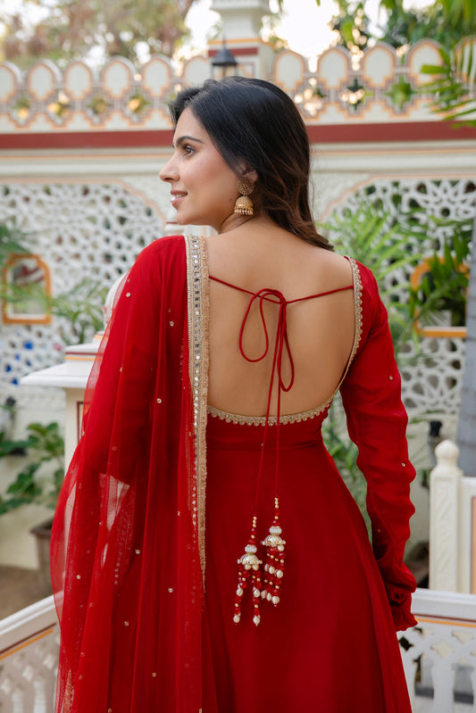 Karwa Chauth Special Red Flared Anarkali Suit with Gold Trim Dupatta