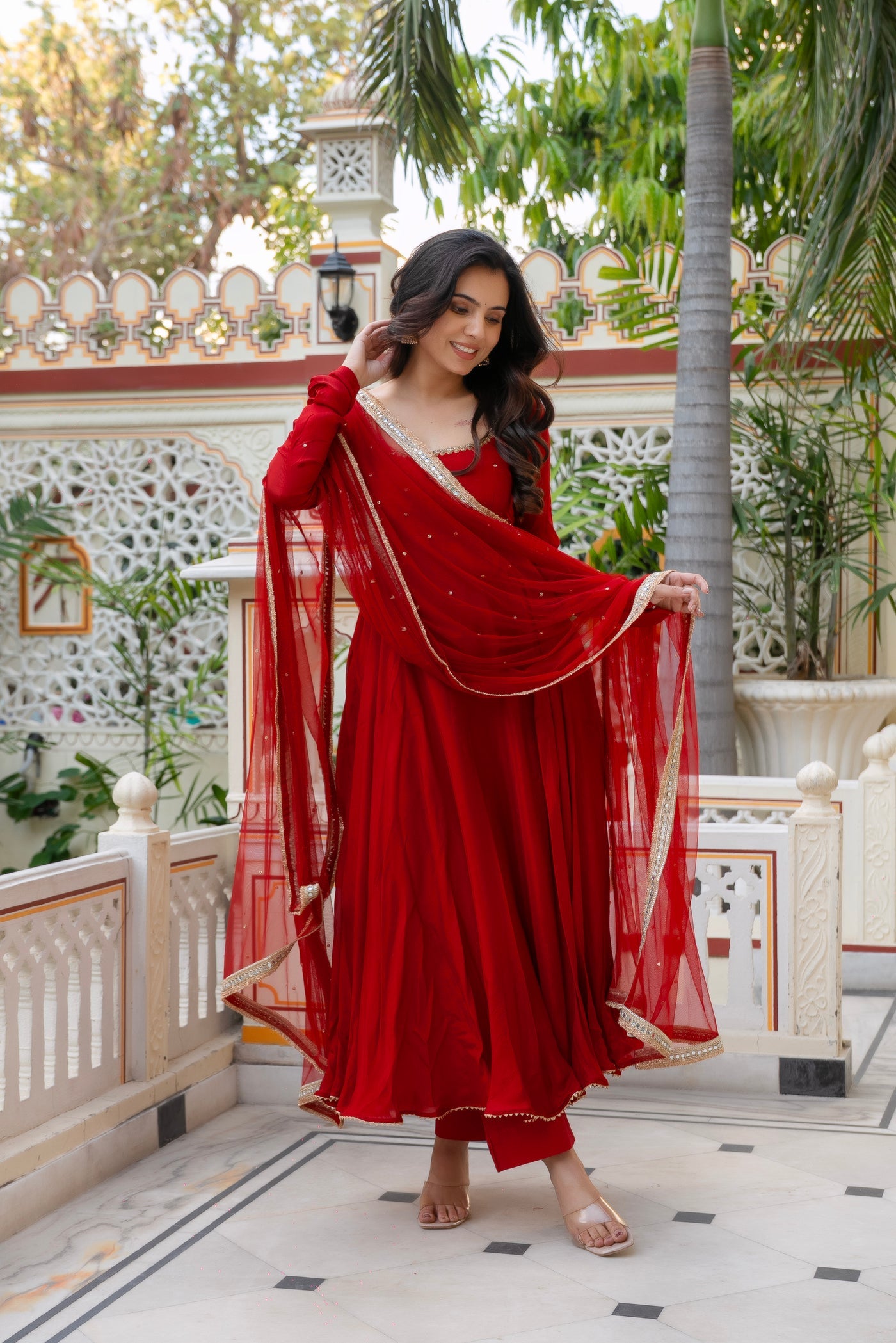 Karwa Chauth Special Red Flared Anarkali Suit with Gold Trim Dupatta