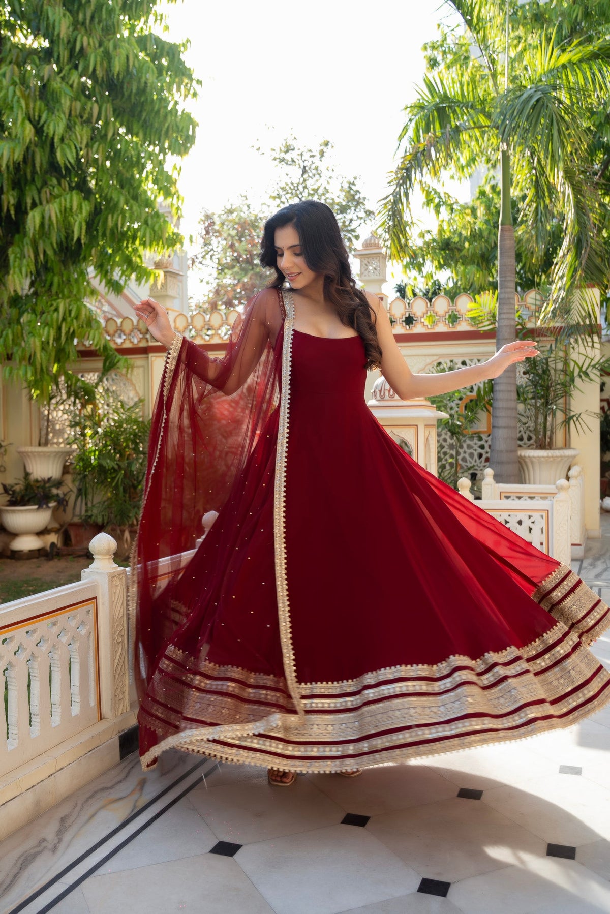 Maroon Anarkali Gown with Gold Lace Daman & Dupatta