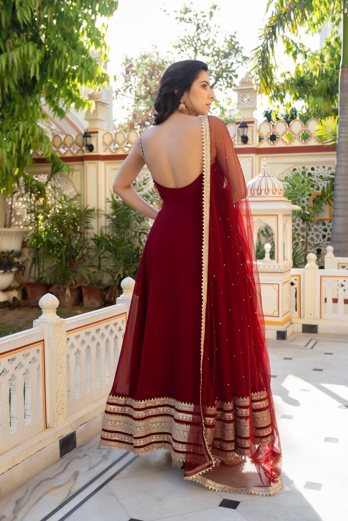 Maroon Anarkali Gown with Gold Lace Daman & Dupatta