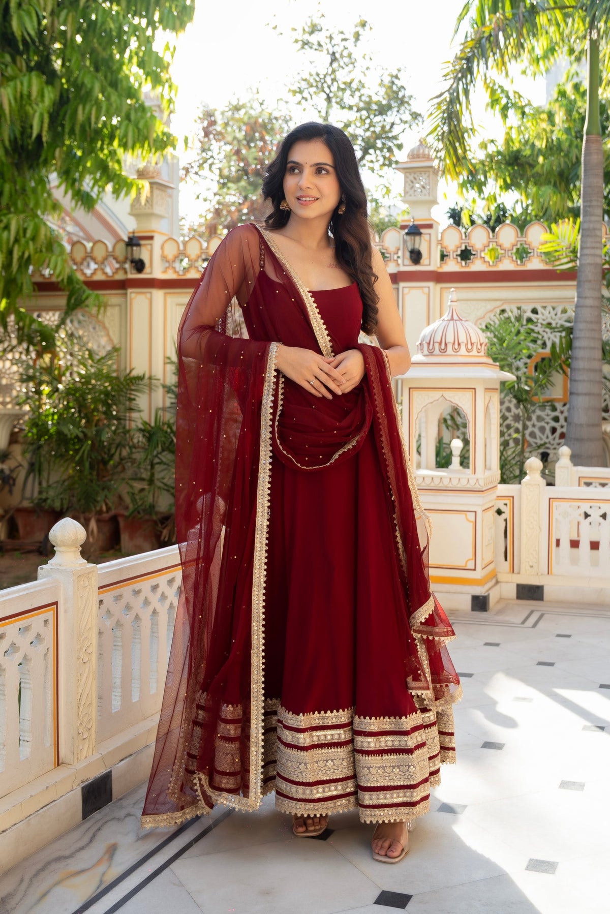Maroon Anarkali Gown with Gold Lace Daman & Dupatta