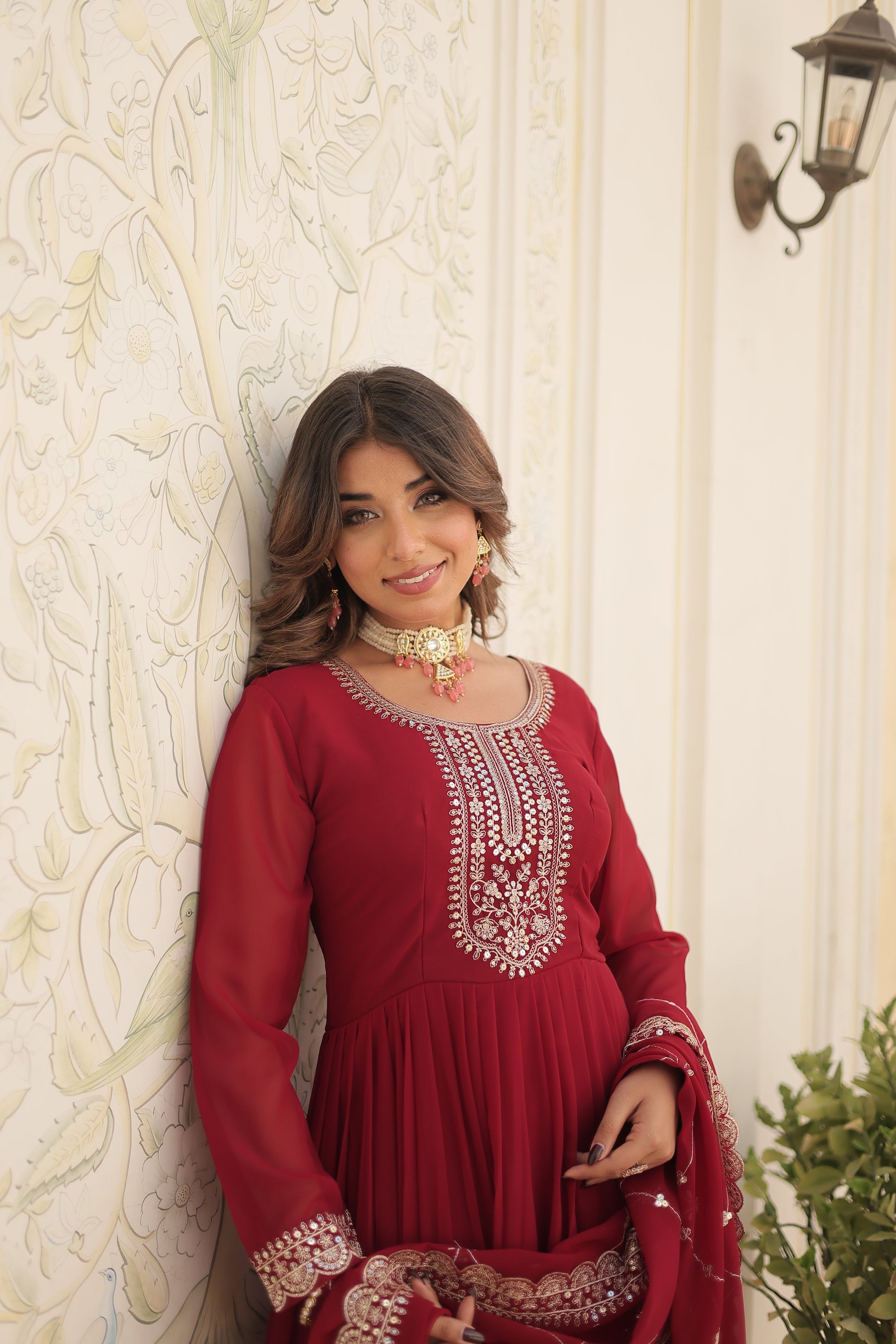 maroon embroidered gown 