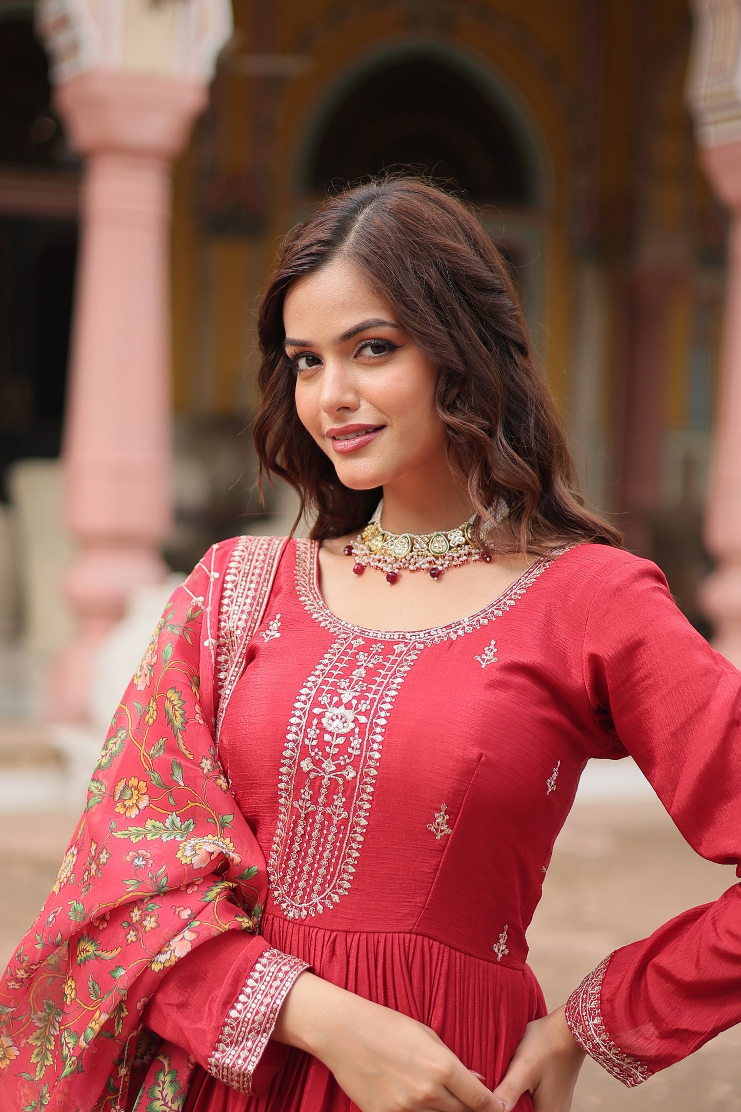maroon embroidered gown with dupatta 2