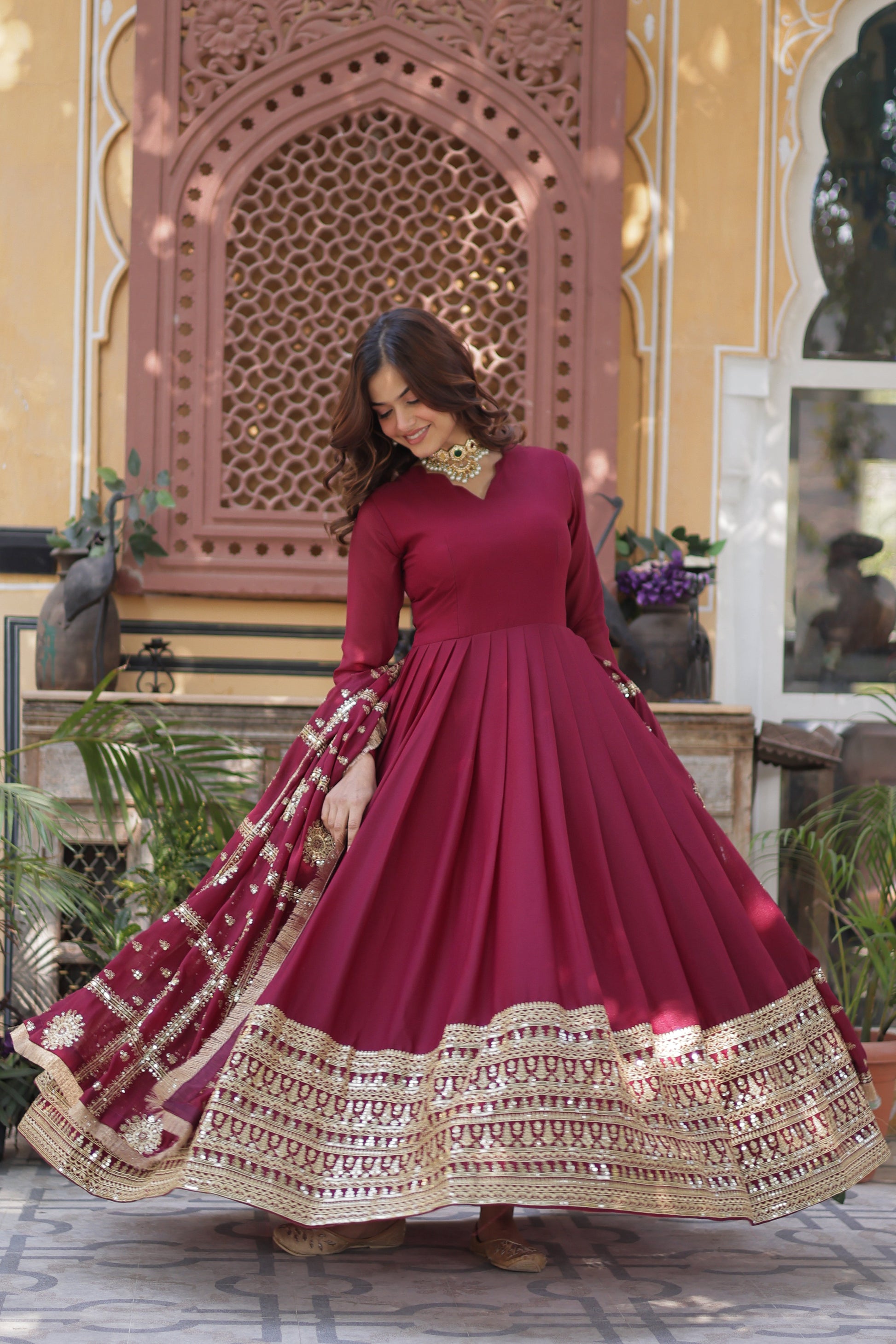 maroon georgette  gown with dupatta 