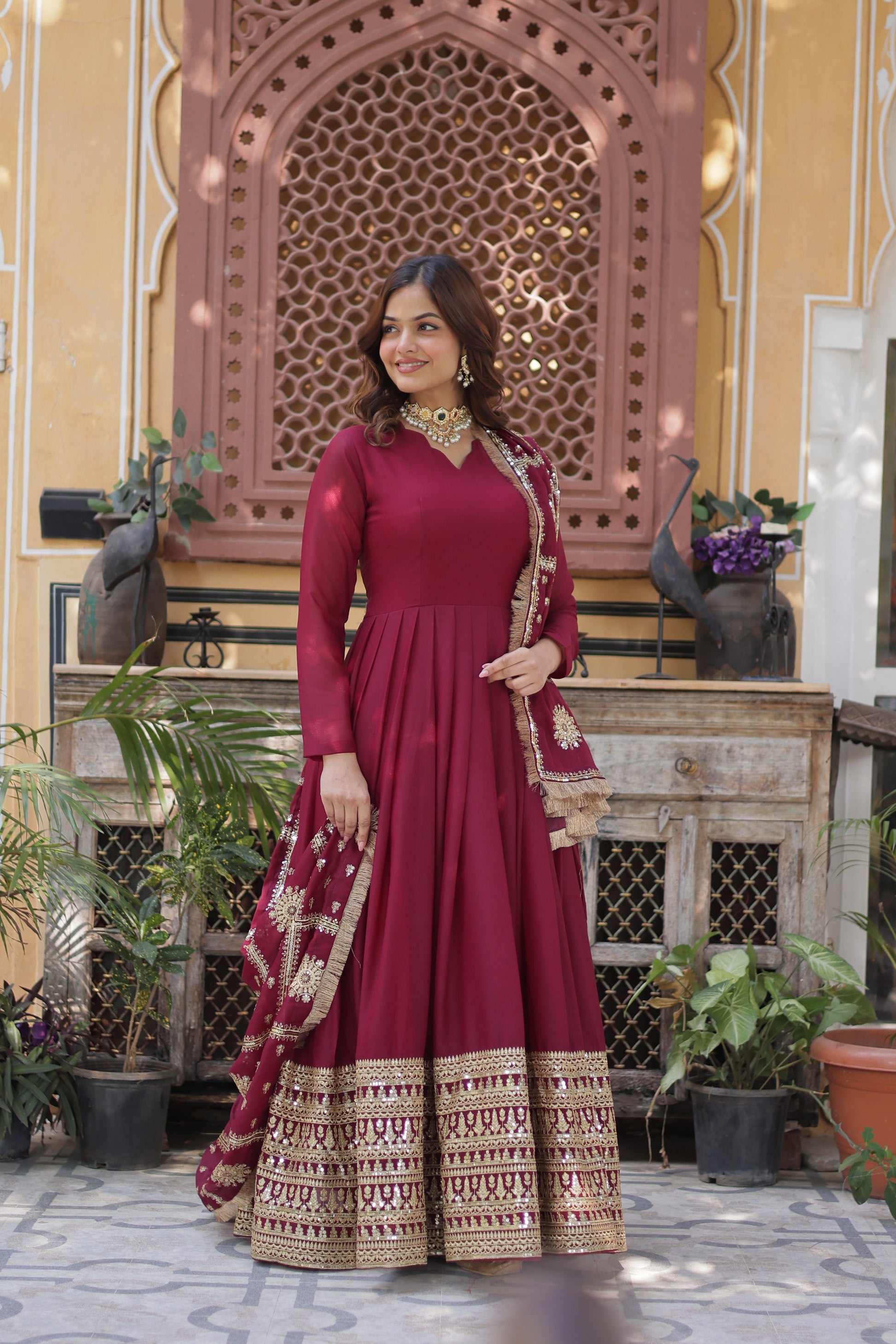 maroon georgette  gown with dupatta 