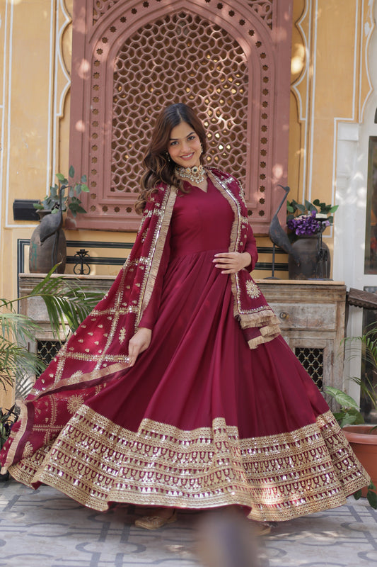 maroon georgette gown with dupatta 