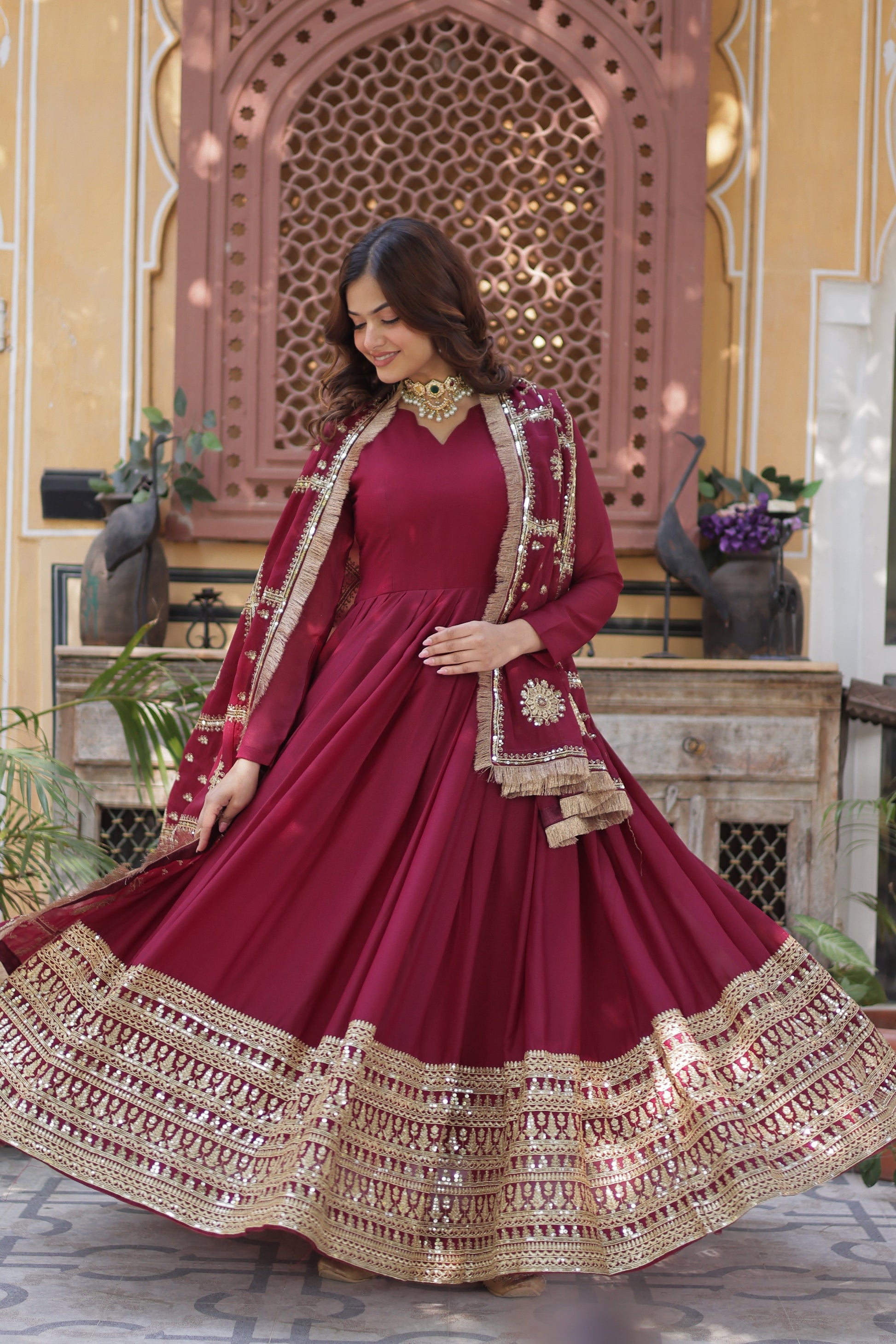 maroon georgette gown with dupatta 