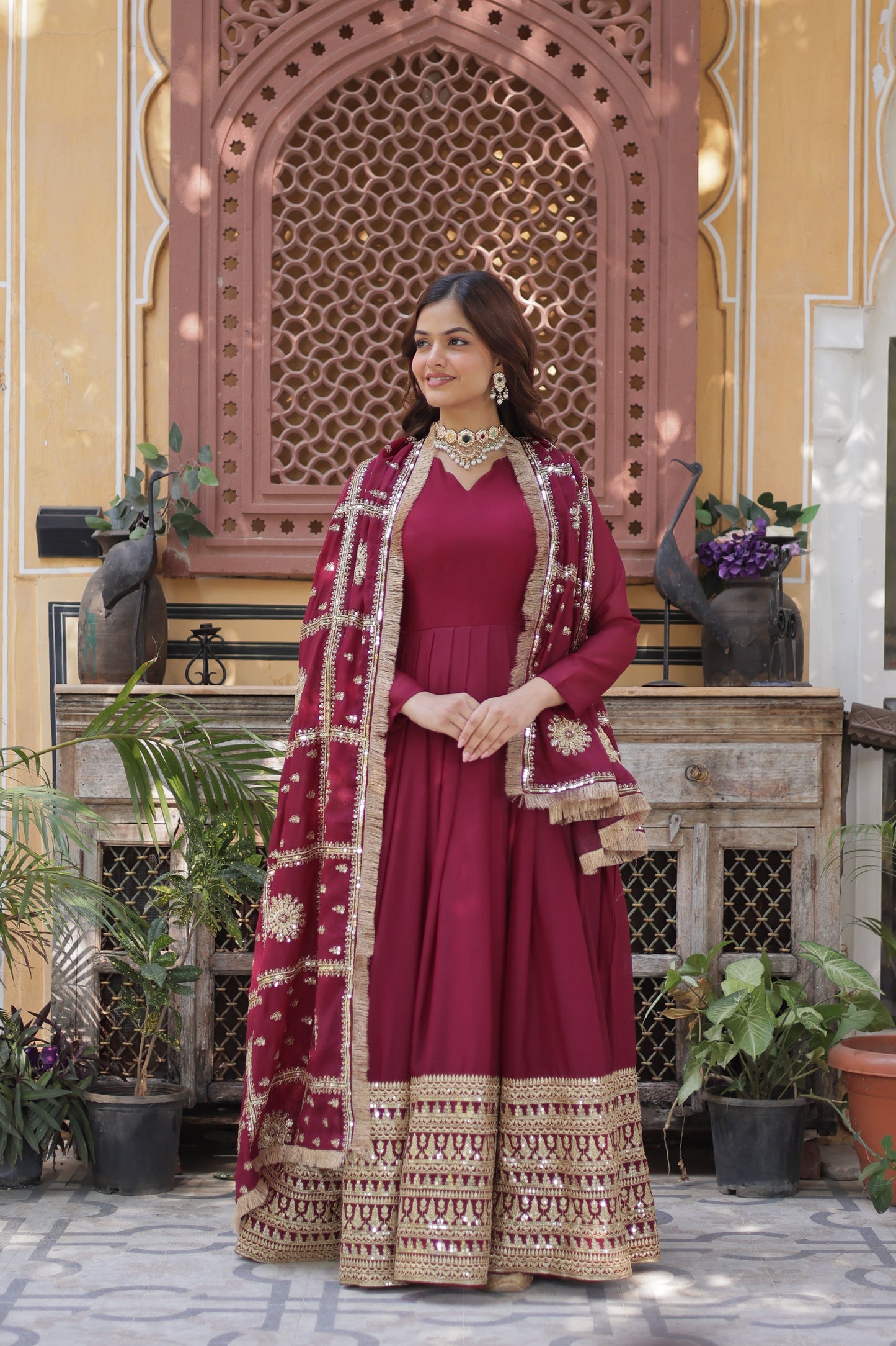 maroon georgette gown with dupatta 