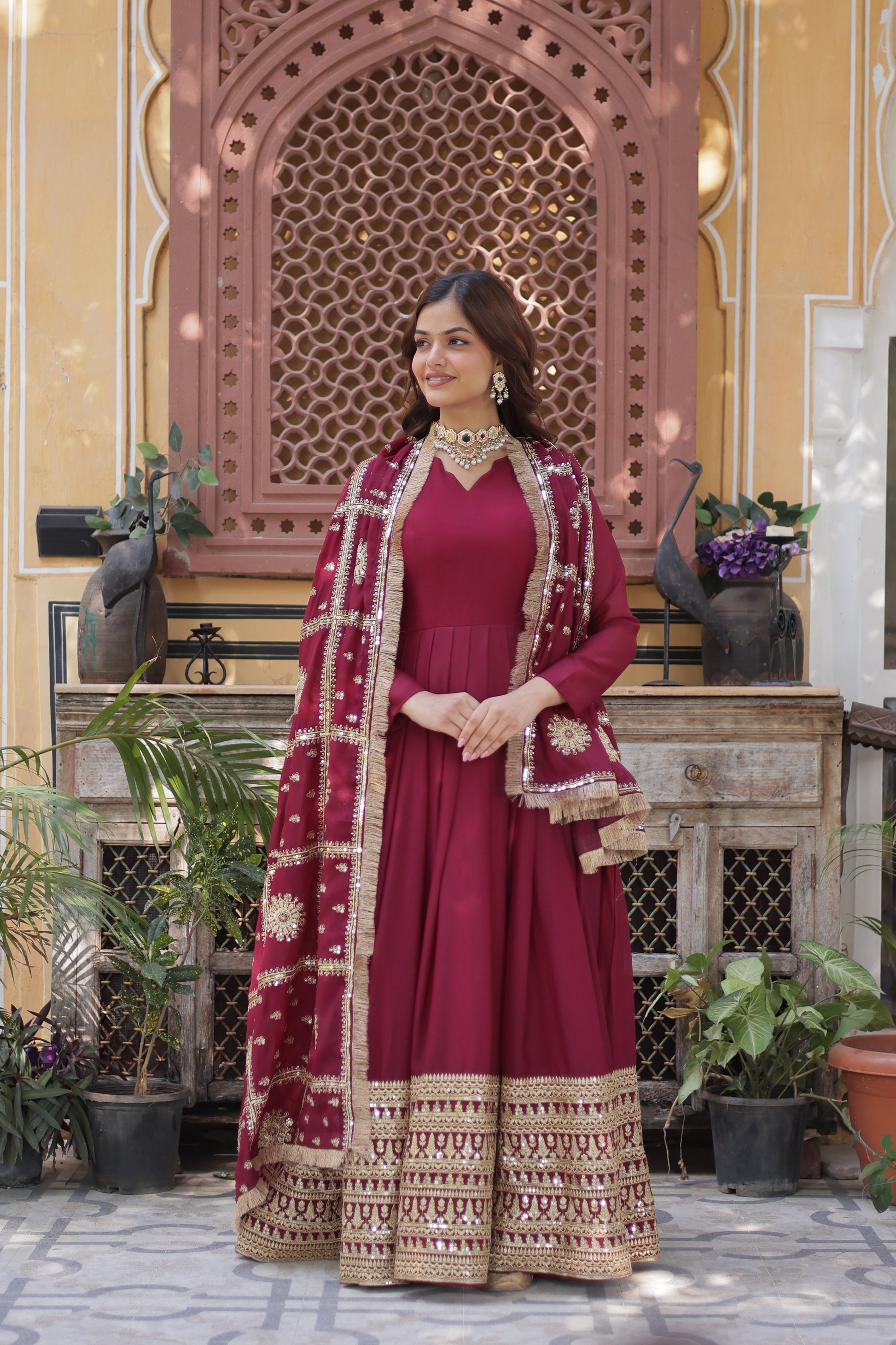 maroon georgette gown with dupatta 