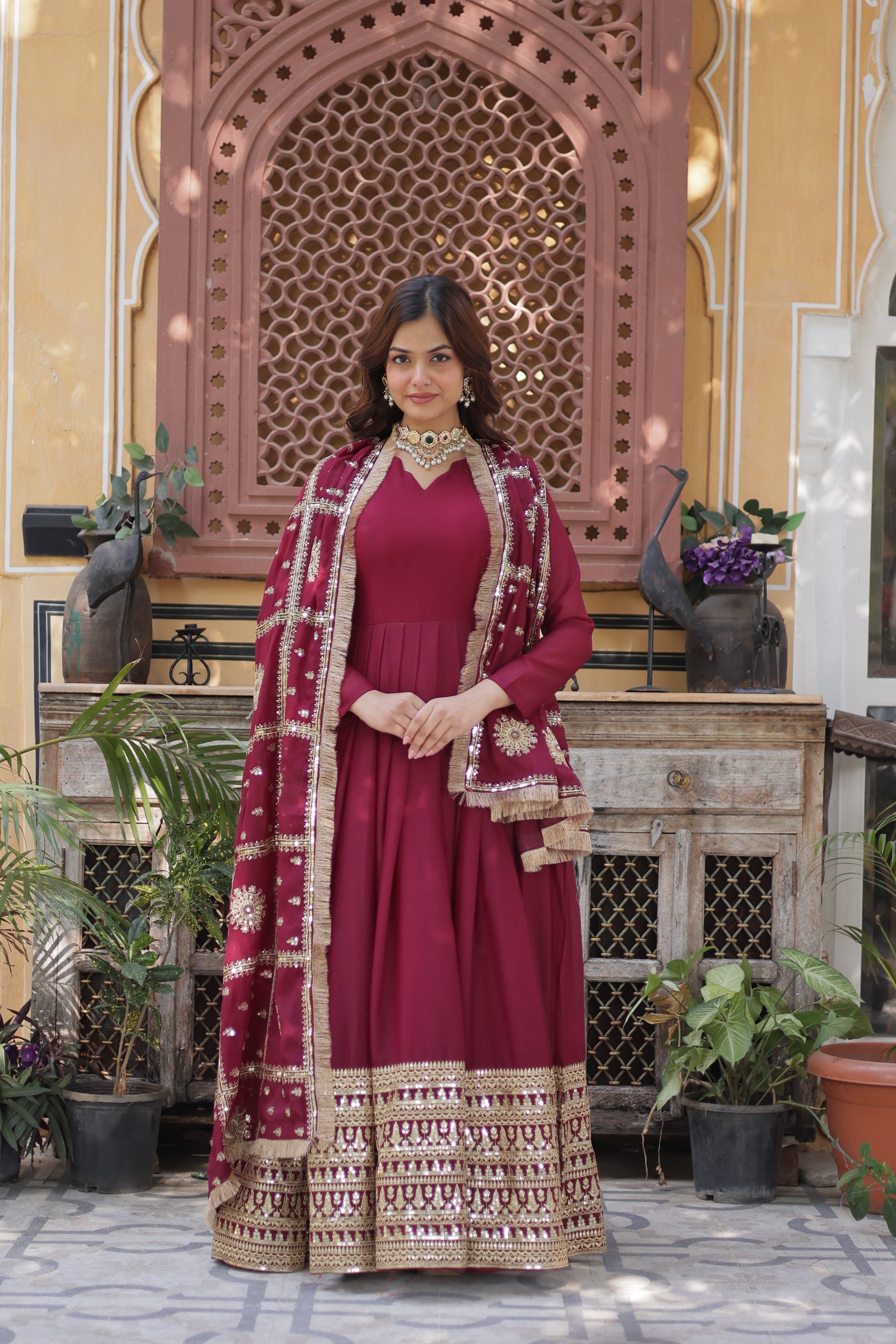 maroon georgette gown with dupatta 