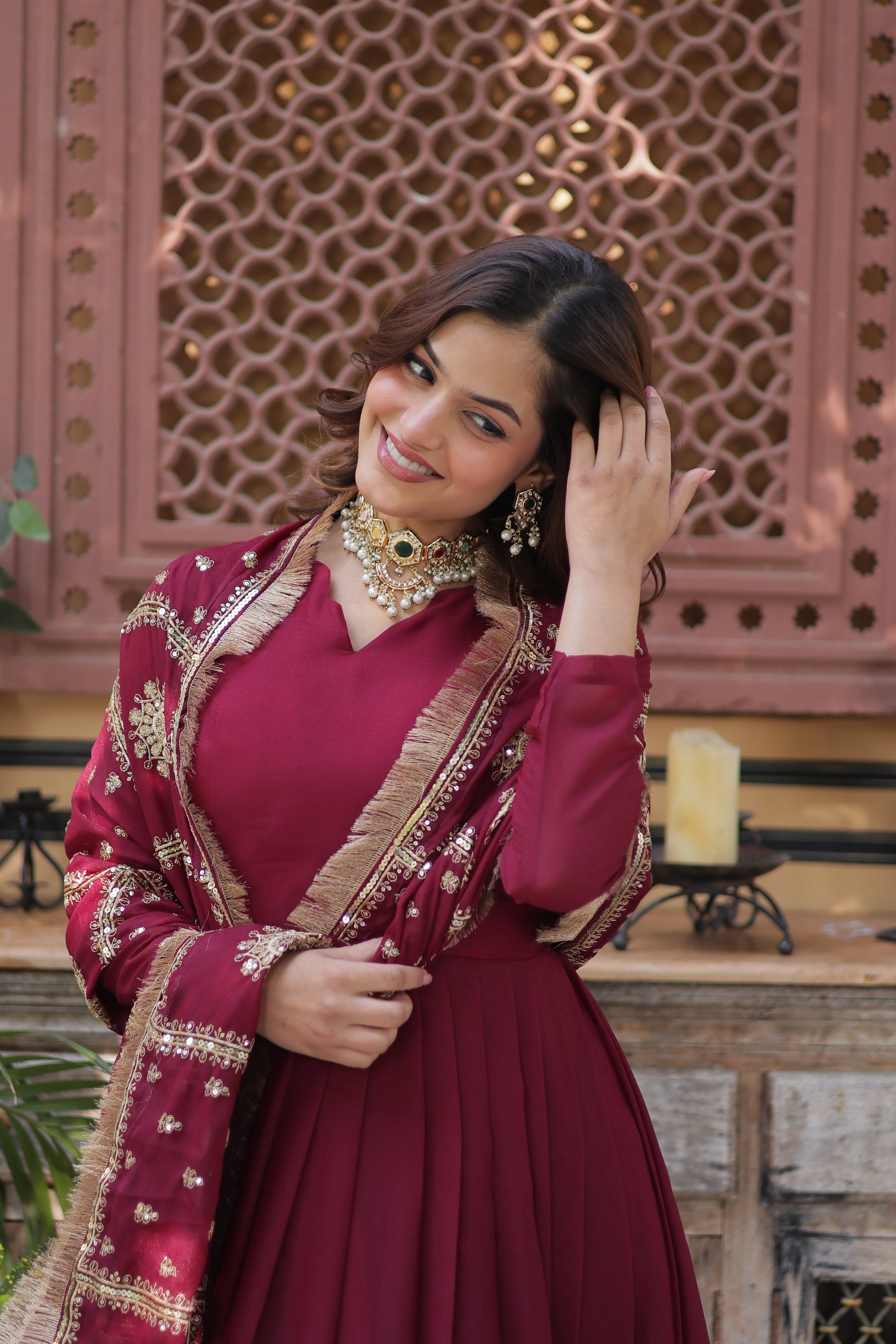 maroon georgette gown with dupatta 