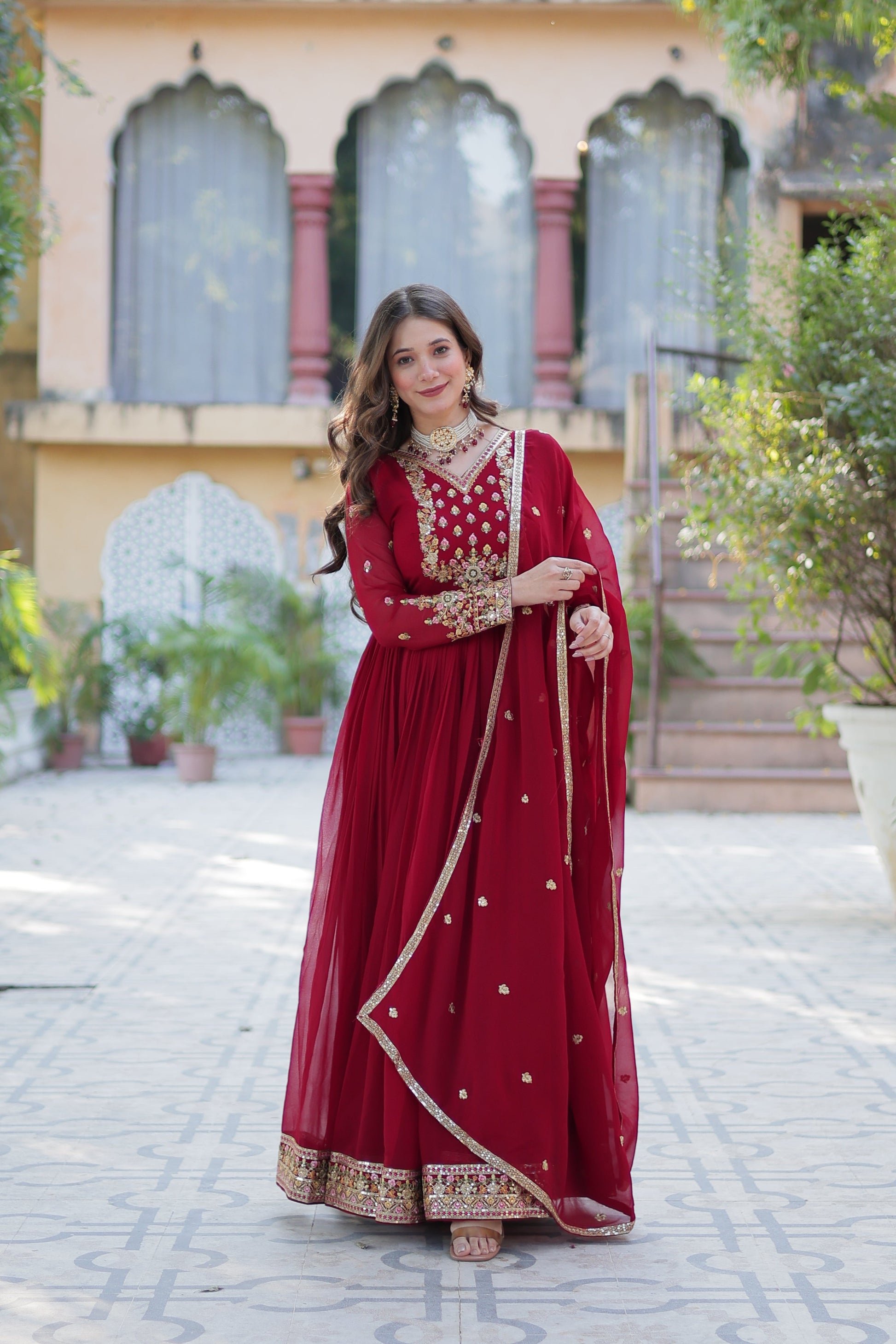 maroon gown with dupatta main