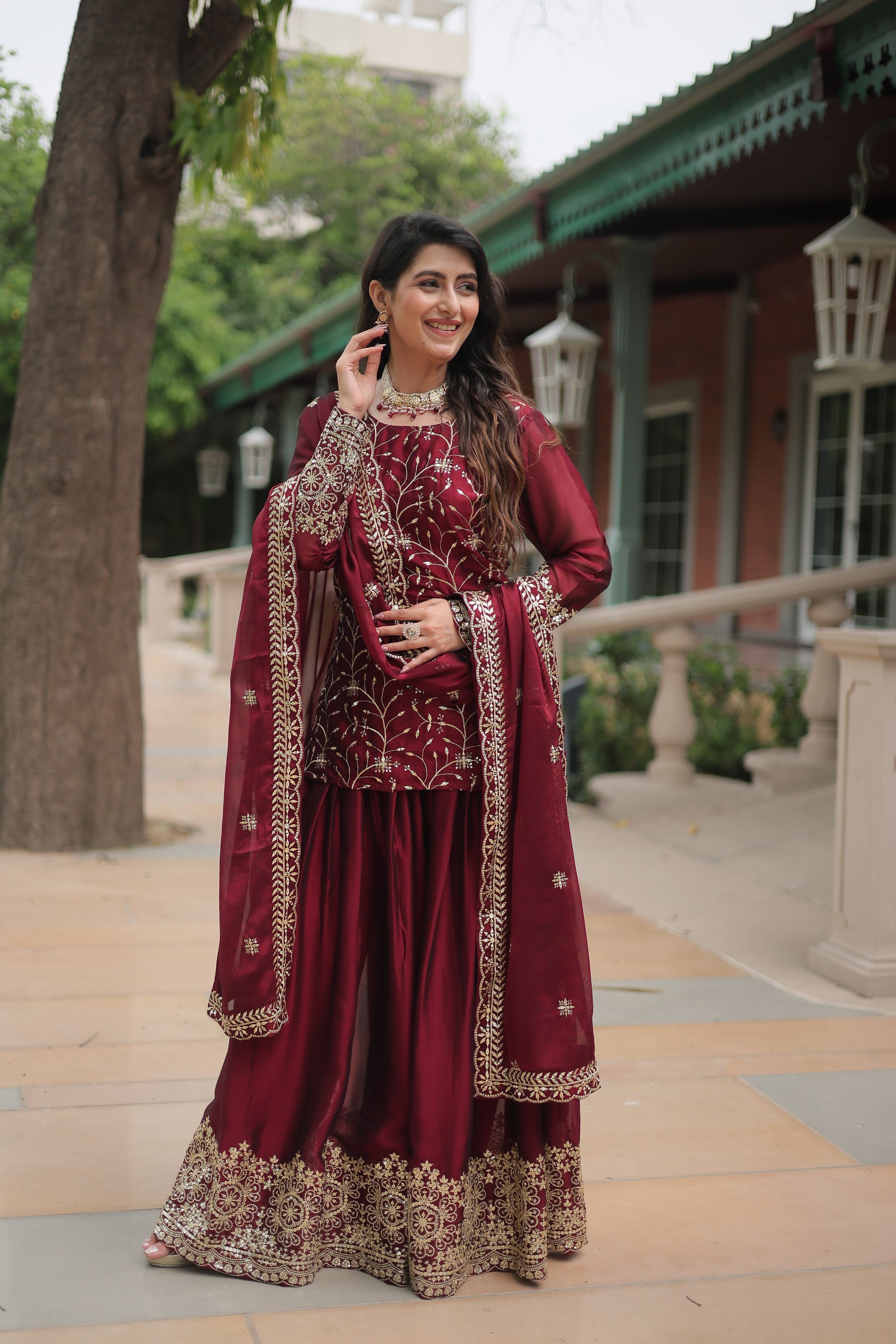 maroon sharara suit set 