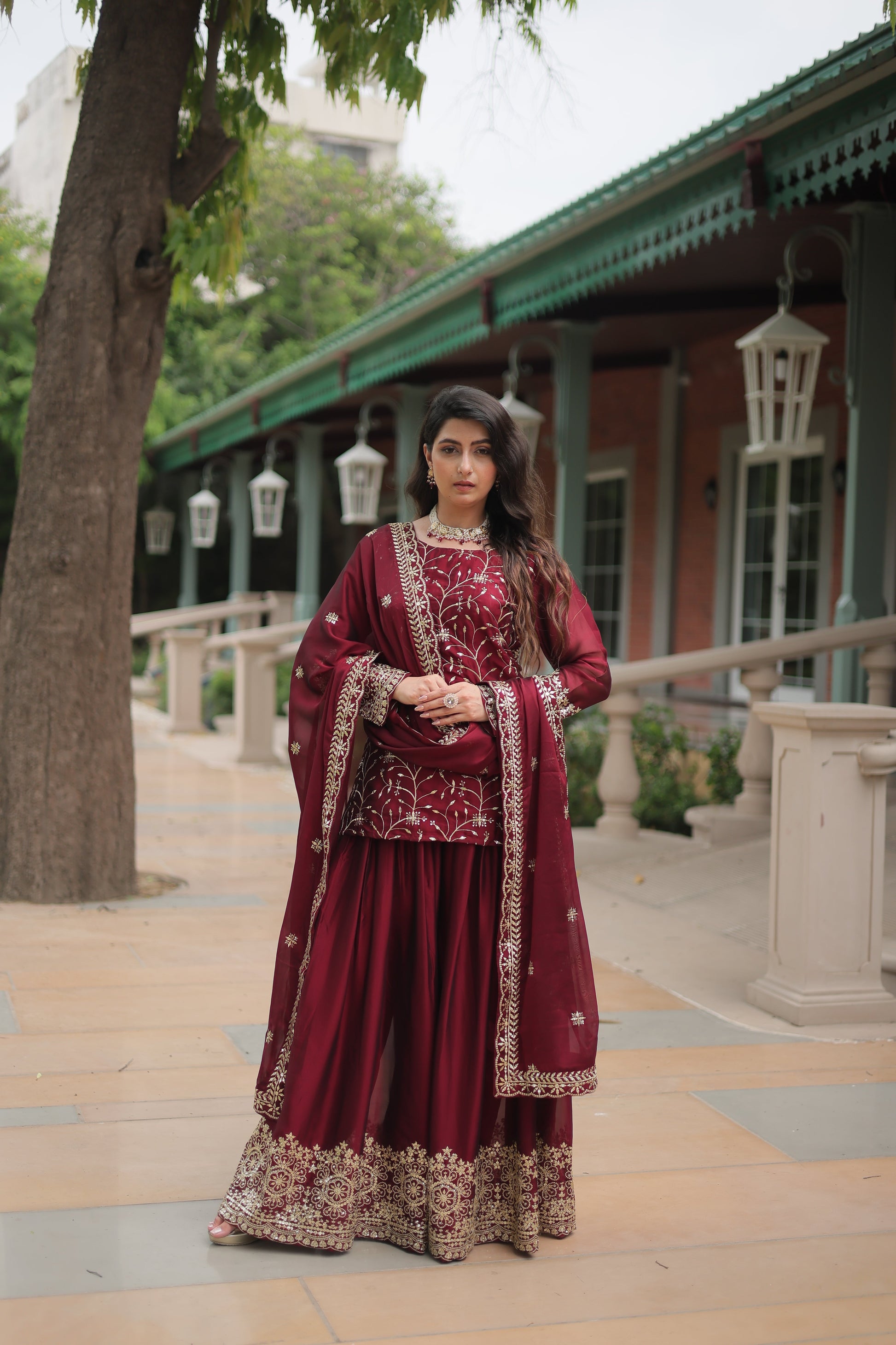 maroon sharara suit set 