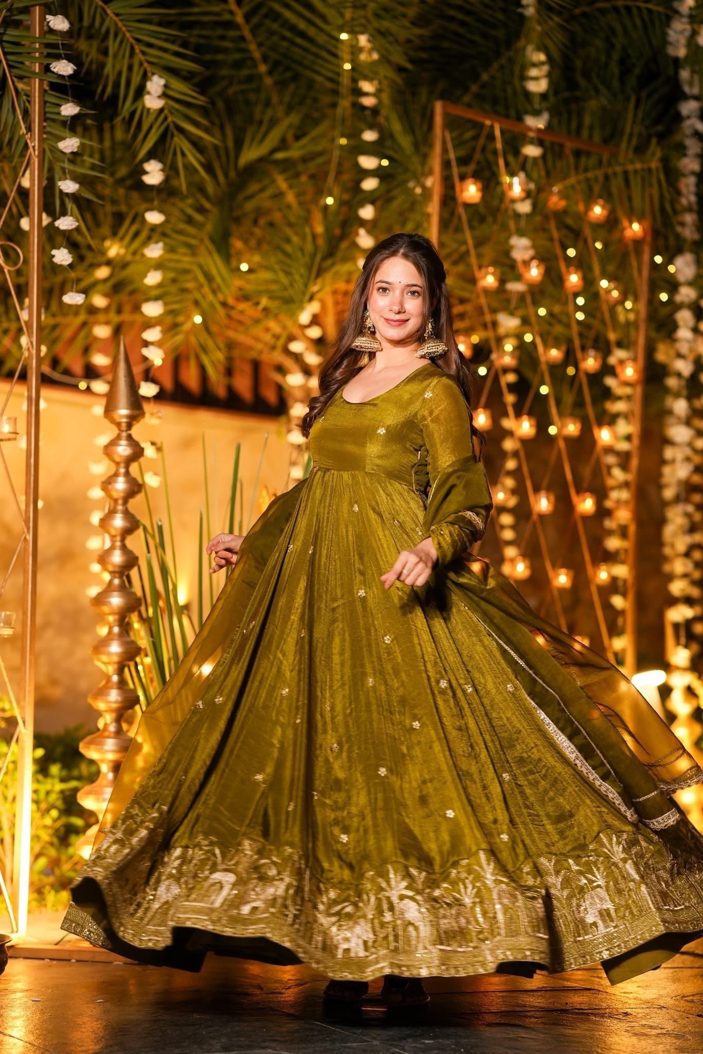 Mehendi Green Flared Anarkali Suit with Dupatta for Wedding & Festive