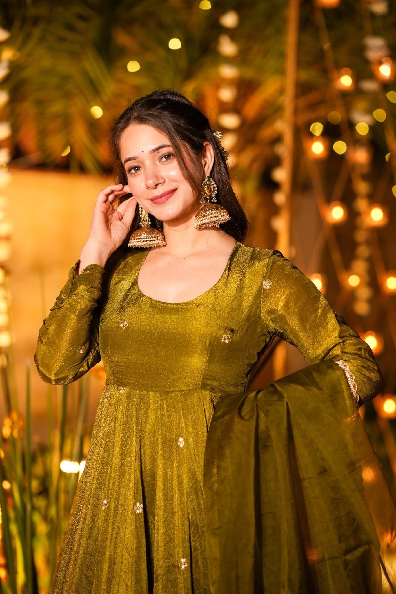 Mehendi Green Flared Anarkali Suit with Dupatta for Wedding & Festive