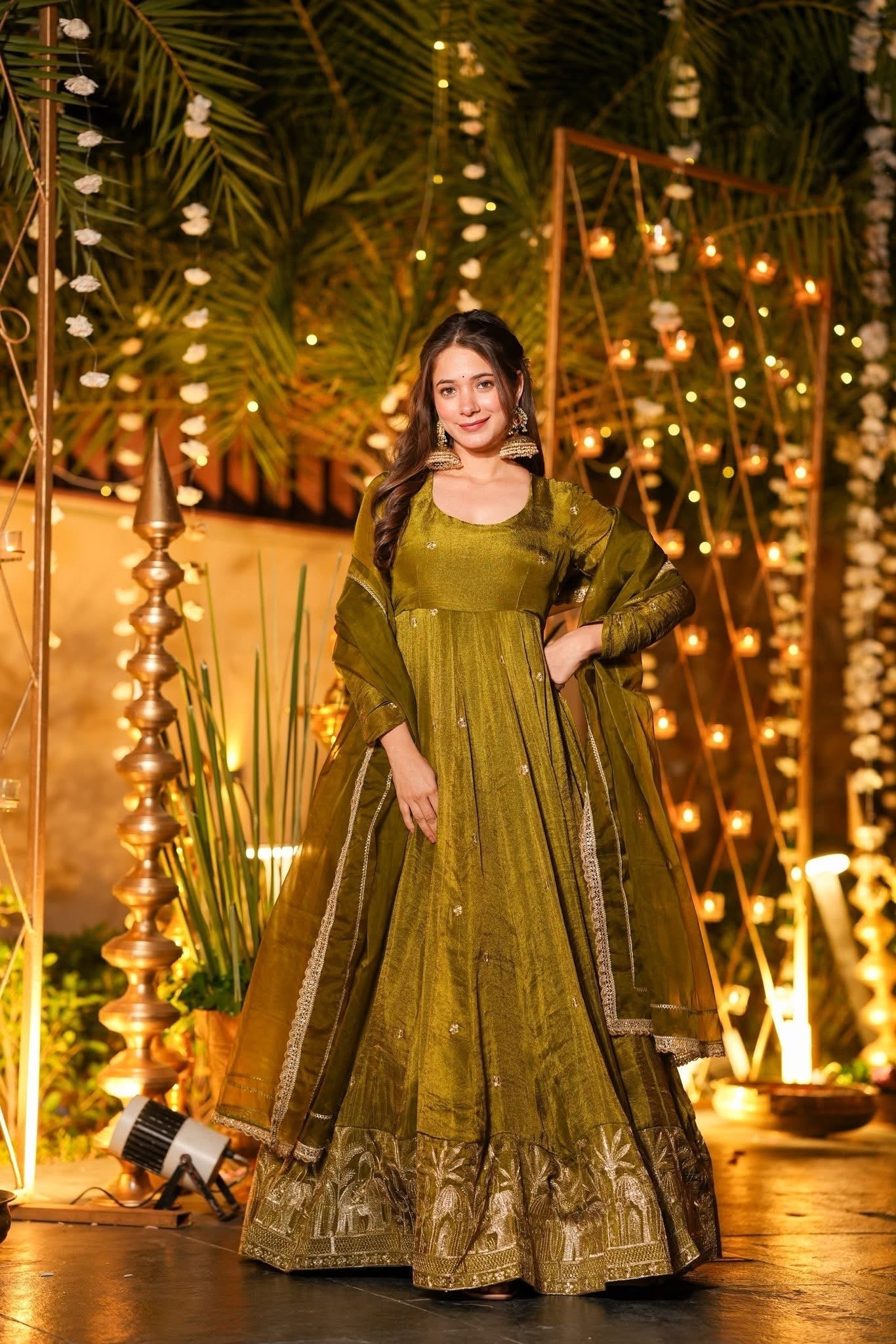 Mehendi Green Flared Anarkali Suit with Dupatta for Wedding & Festive