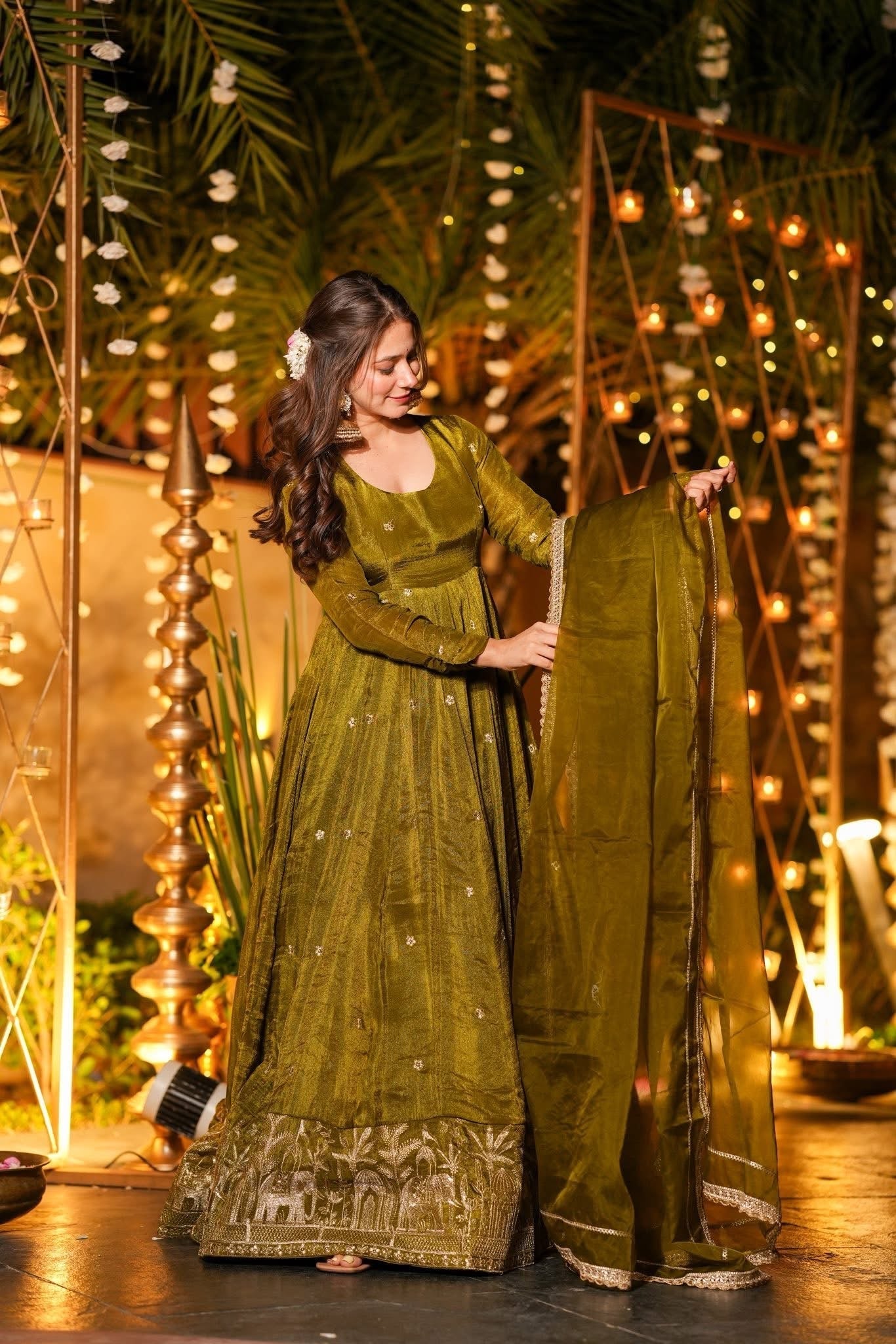 Mehendi Green Flared Anarkali Suit with Dupatta for Wedding & Festive