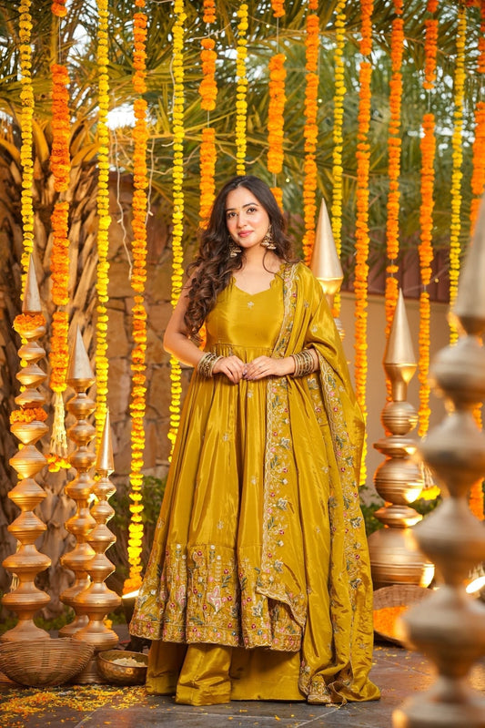 Mustard Yellow Anarkali Suit with Dupatta for Haldi & Mehndi