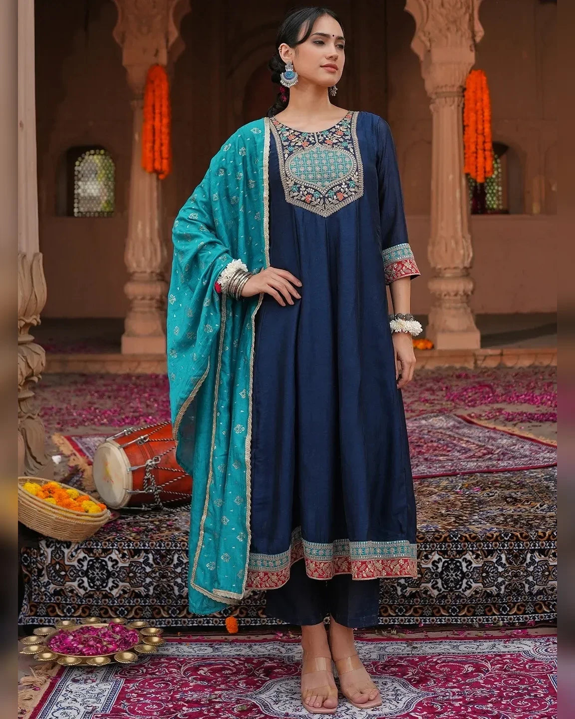 Navy Blue Embroidered Anarkali Suit Set with Teal Heavy Work Dupatta for Festive