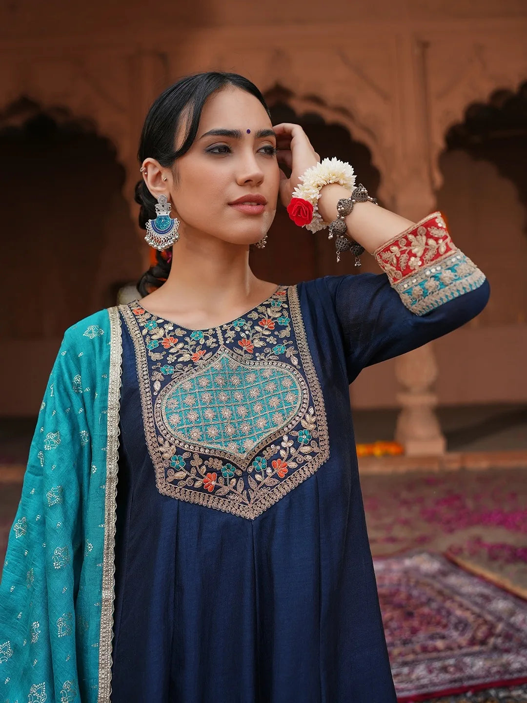 Navy Blue Embroidered Anarkali Suit Set with Teal Heavy Work Dupatta for Festive